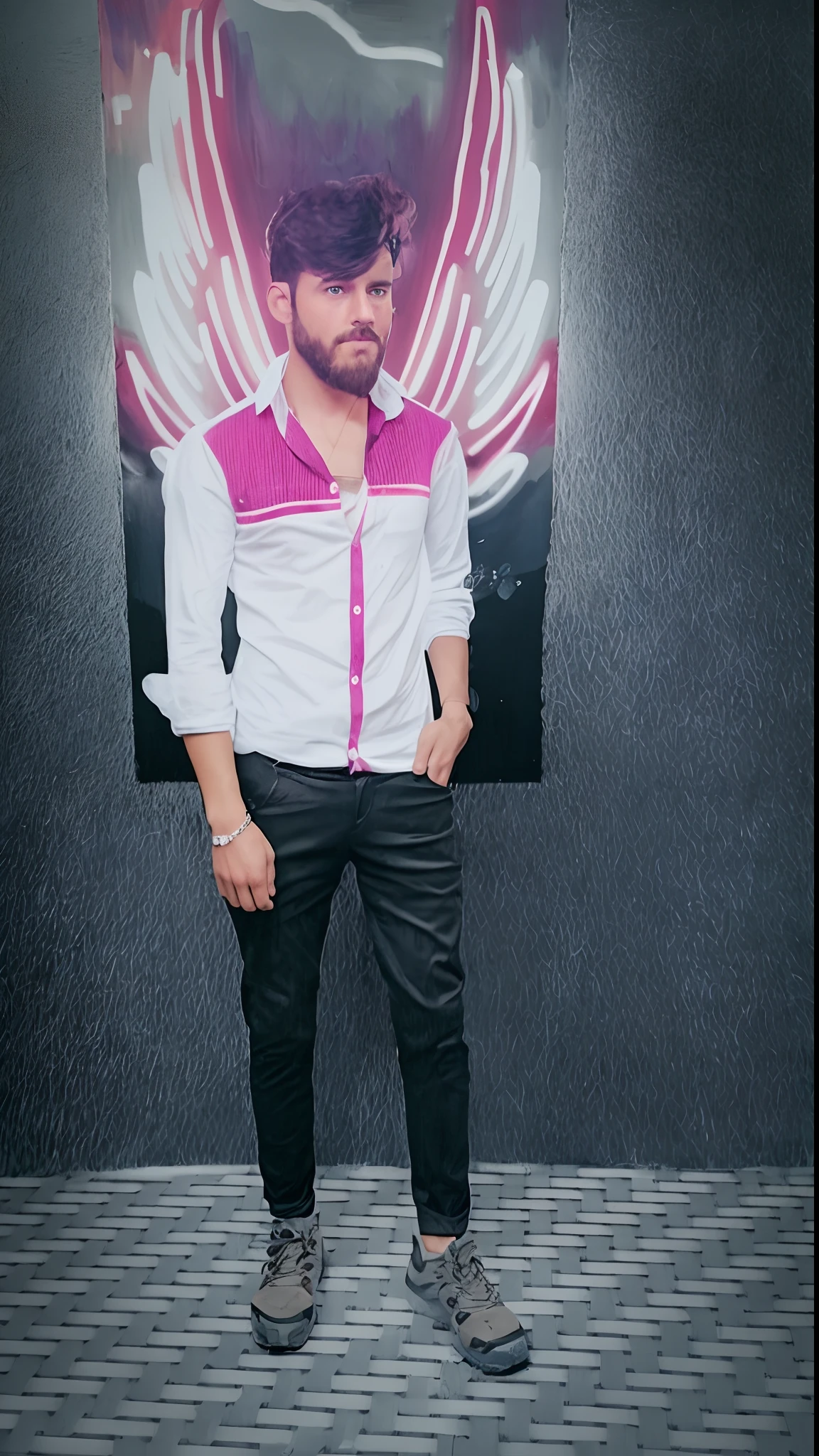 there is a man standing in front of a painting of a man, edited in photoshop, full body photogenic shot, candid picture, full body picture, taken with sony alpha 9, stylish pose, casual photography, with lovely look, 'white background'!!!, in front of white back drop, looking heckin cool and stylish, with a cool pose, full body photograph