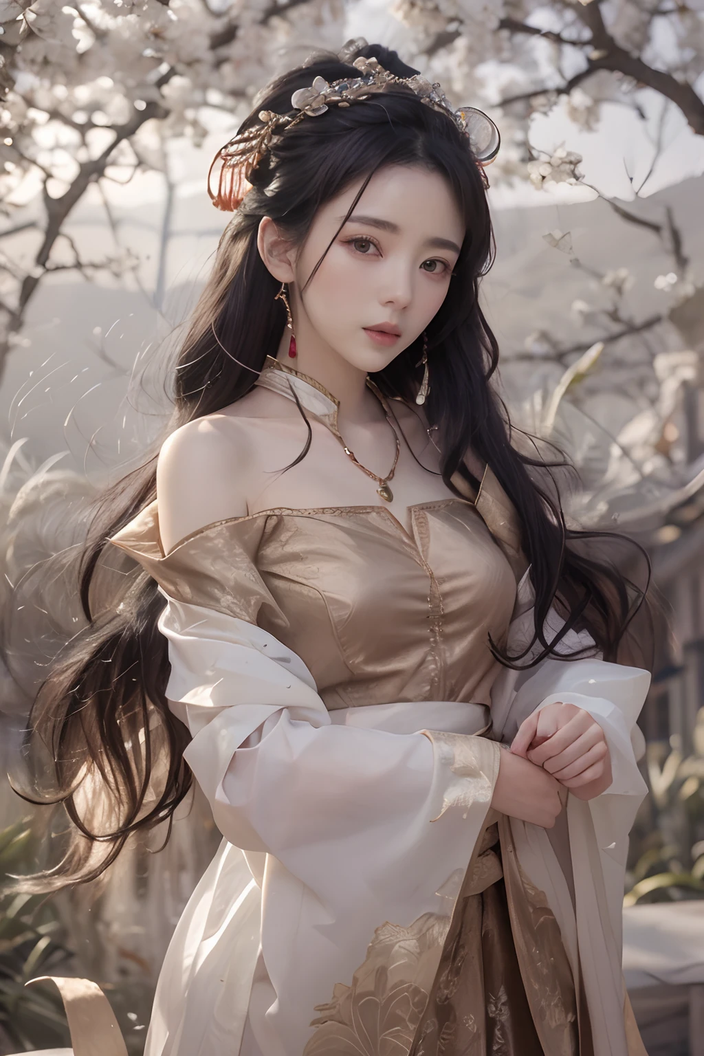 Works of masters,Higher quality,超高分辨率,8K分辨率,depth of fields,in a panoramic view,first person perspective,s the perfect face,Girl,solo person,ssmile,long whitr hair,A brown-haired,Wave head,Bracelet,Collar,bangle,Hanfu,frilld,lacing,Bare shoulders,fur shawl,Facing the viewer,eventide,setting sun,sea beach,ricefield,bamboo forrest,Temple,ukiyoe painting,Natural soft light