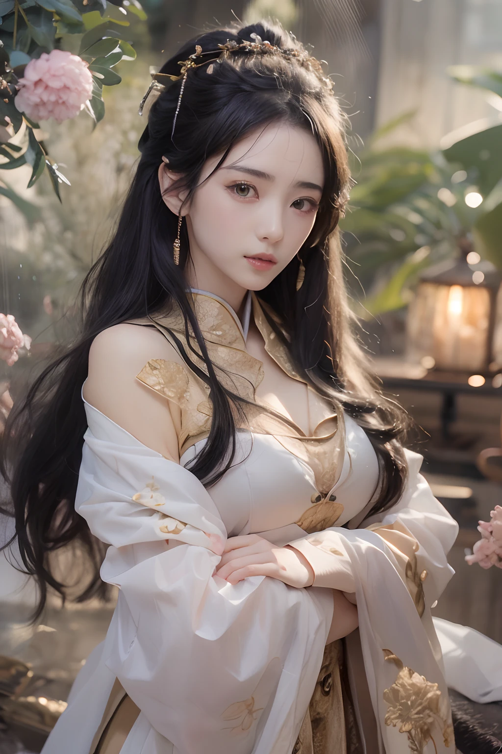 Works of masters,Higher quality,超高分辨率,8K分辨率,depth of fields,in a panoramic view,first person perspective,s the perfect face,Girl,solo person,ssmile,long whitr hair,A brown-haired,Wave head,Bracelet,Collar,bangle,Hanfu,frilld,lacing,Bare shoulders,fur shawl,Facing the viewer,eventide,setting sun,sea beach,ricefield,bamboo forrest,Temple,ukiyoe painting,Natural soft light