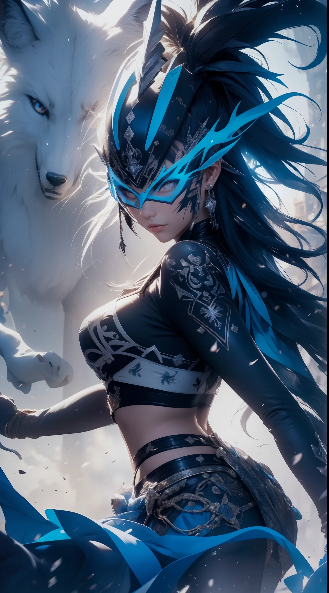 obra maestra, Disparo de vaquero, (1mujer), (Zorro blanco), (Vestimenta tribal:1.2), (Hermosos ojos azules), ((tribal (Aquila) tatuaje)), colores blanco y azul, Fondo brumoso, dynamic  pose, (mirando al espectador), (Front view),( lobo:1.4),cuerpo detallado ,(manos:1.4),(desde el cielo), (Bokeh:1.2),8k, 。...........................3D, realista, Ultra Micro Photography, of the highest quality, Super detalle CG Unity 8k