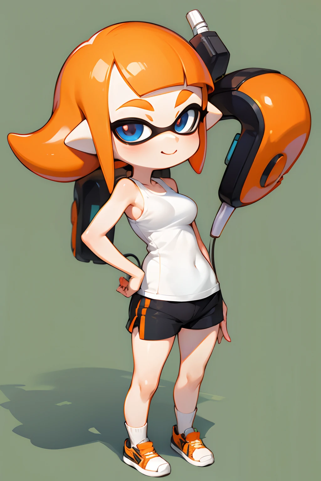 Inkling stepping on pillow, cute, chibi, happy, orange hair, headphones, black shorts, white tanktop, big boobs, , socks, full body, standing
