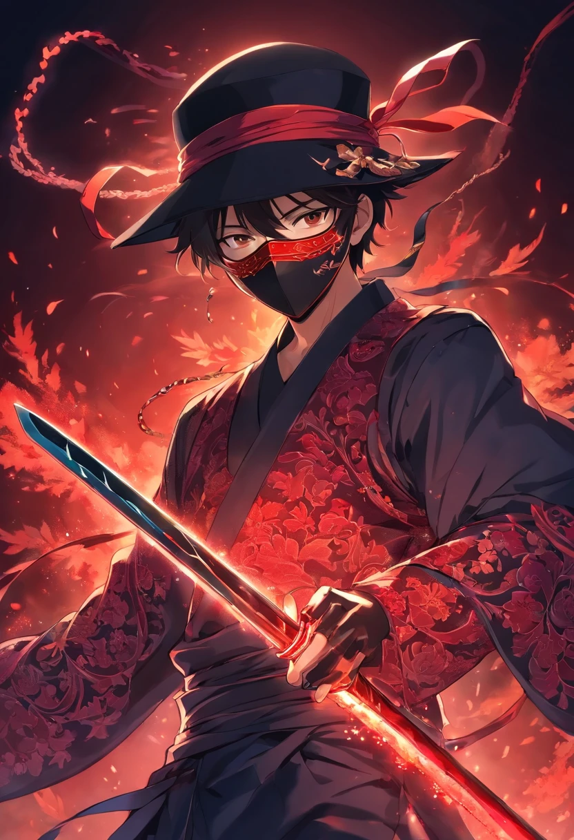 A masked brocade man wearing a hat，Holding a glowing swords with black and blood background