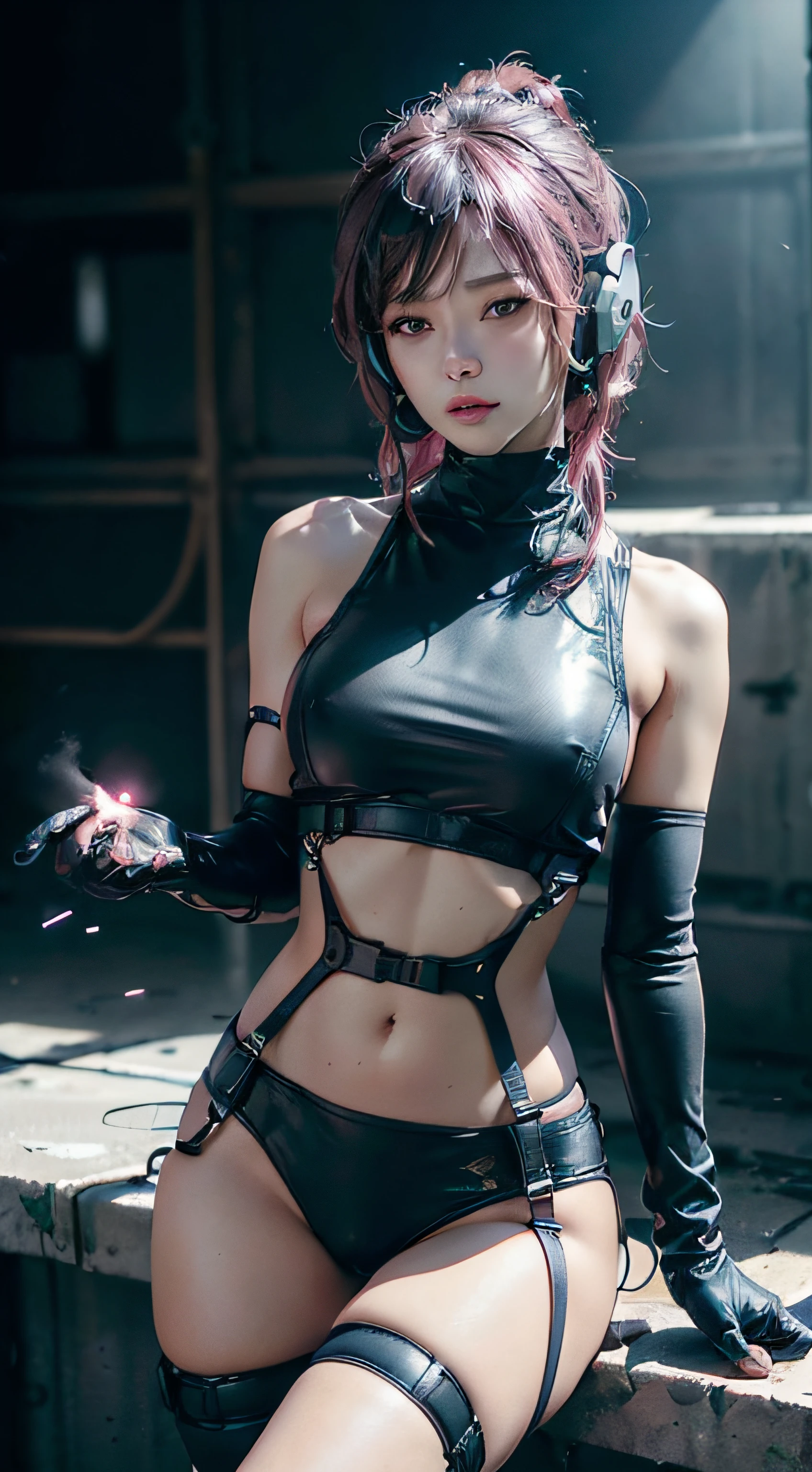 Top Quality, Ultra High Definition, (backlight), (Photorealistic: 1.4), (cowboy shot:1), 1 Beautiful Girl, (Kpop Idol), Detailed Face, (Hair Style: Pink:1, fullbang, outside honey bob-style:1), Contrapposto, Perfect Anatomy, Smooth Skin, Professional Lighting, ((wearing Futuristic Police Racing Suits, police wappen, High-tech Headset, military harness, racing gloves, machinegun)), ("POLICE", Cloths colors based on silver pink black white), (background, crashed cars, fire, (Explosion)),