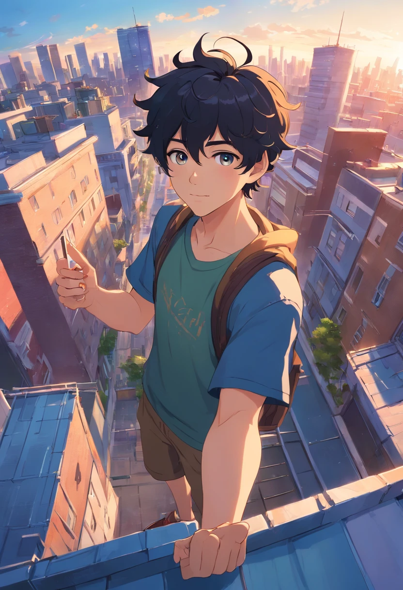 Métis boy with curly black hair taking a selfie on the roof of a building in a very bright city