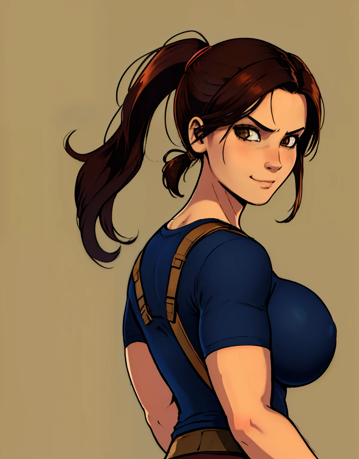 shadmanv1, lara croft, brown hair, upper body, huge breasts, arms behind back, looking at viewer, smug, smirk, simple background, Ponytail with side bangs, brown eyes, blue and black t-shirt,