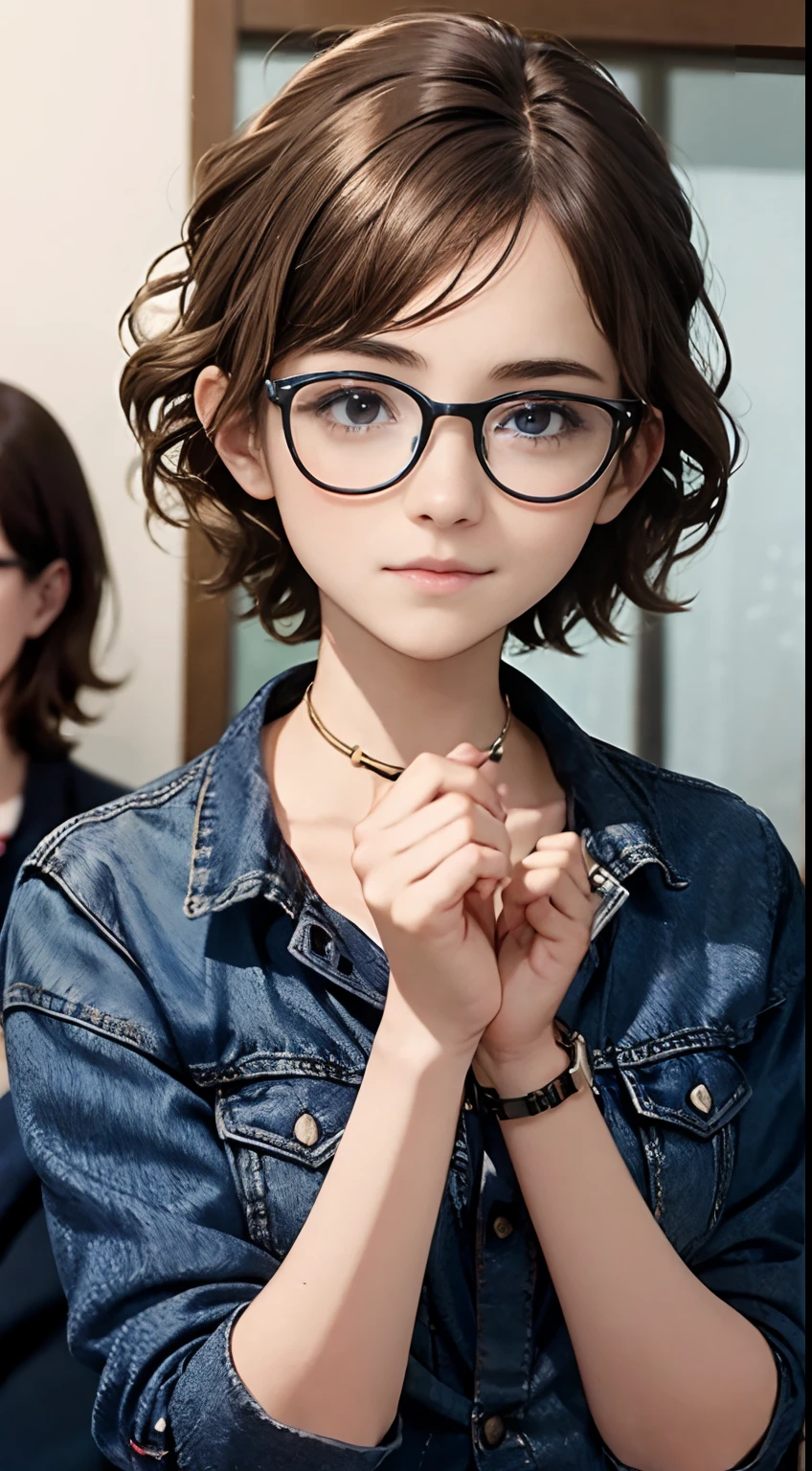 One beautiful teenage girl、Afro and short-cut hair、girl wearing round glasses、Beautiful girl with sauce eyes、Blue denim shirt