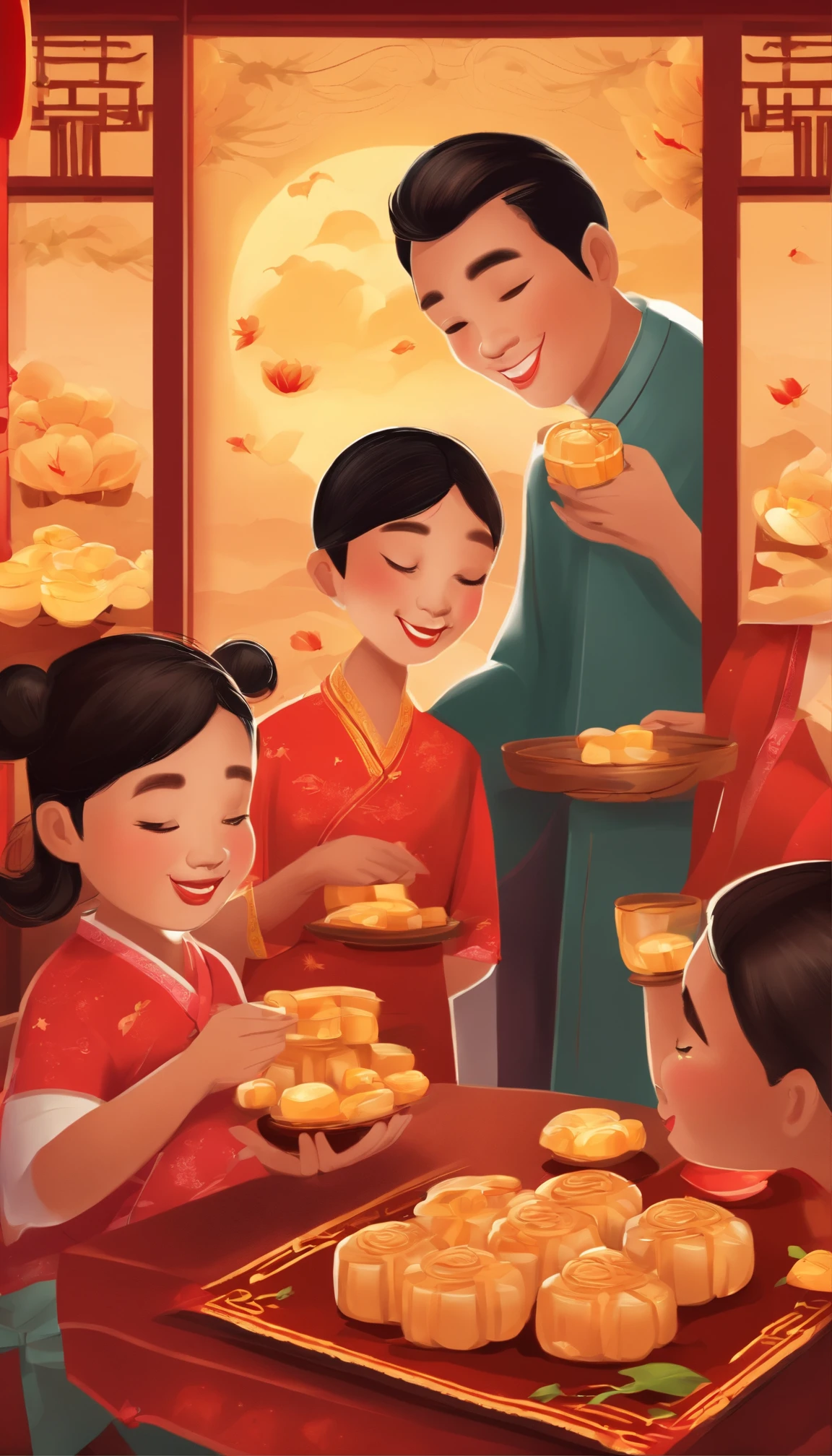 A family eats mooncakes，Men honor their parents with gifts in their hands, Happy family, There are mooncakes on the table,Gift in hand， tea drinking and paper lanterns, Another bright moon in the sky，warm and joyful atmosphere, Digital illustration, Poster illustration, , , digital illustrations , Chinese style painting, , exciting illustration,