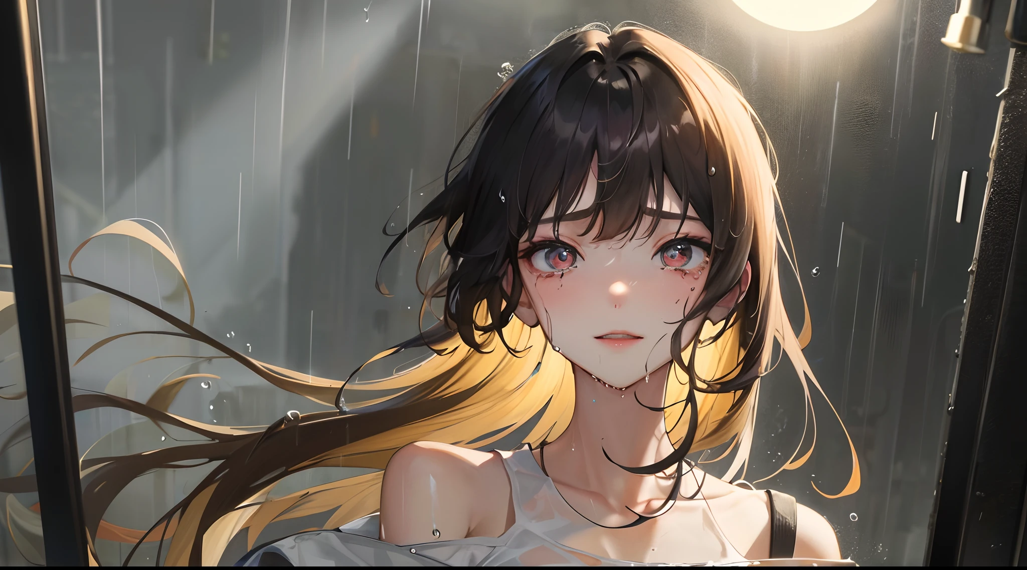 best images quality, tmasterpiece, 超高分辨率, (fidelity:1.4), photore, 1 rapariga, white shirt, worn jeans, White sneakers, dimly lit, darkly, be desperate, pitying, poor, cinematic ligh, teardrop, tear drop, (torn laundry:1.5), (wetclothes:1.4), exposed bare shoulders,Raised sexy,There is a chest, Real rain, Wet hair,..ssmile
