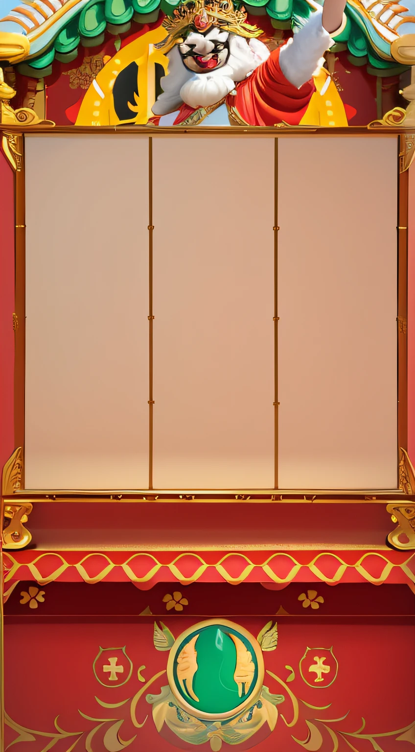um close up de uma moldura vermelha e dourada com um personagem de desenho animado, game overlay, ballroom background, Background Story(solid), fundo do palco, palace background, fundo em branco, plain studio background, Fundo do templo, fundo escarlate, fundo vazio, poster background, dance hall background, fundo do jogo, fundo da arena, random background scene, background art deco palace, barra de fundo, parte da tela, tigre, feliz