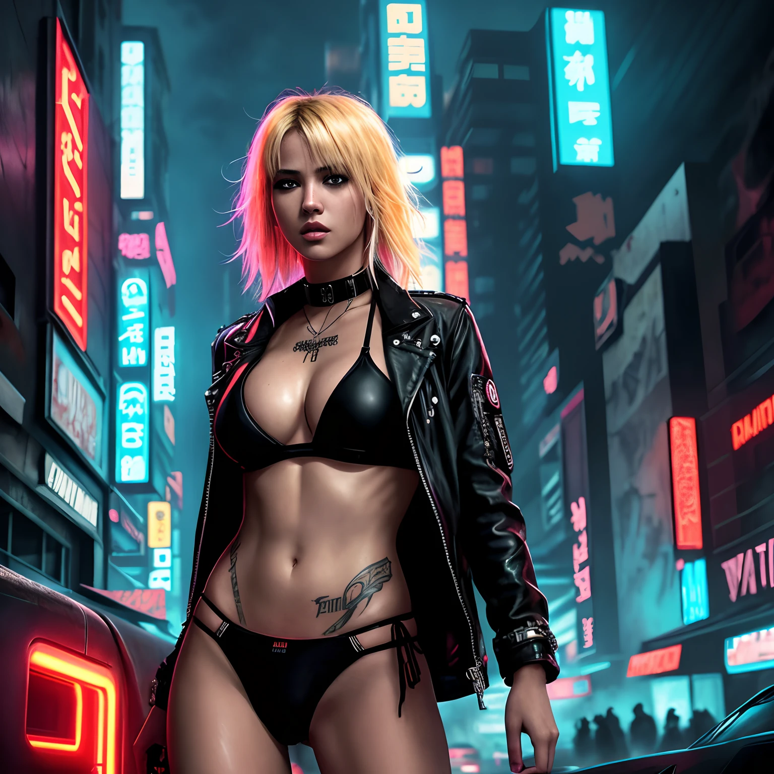 Cinematic landscape, a blonde punk girl in her bikini, 18 years, action movie scene,cinematic blade runner dystopian scene, night, bustling with neon signs, blade runner aesthetics, crowded with people,movie cinematography,trash gang, attractive person,high emphasis on detail,wearing weather tech gear,trash gang, tattoos,night life,full of life ,trash gang , action movie shot by Kon Satoshi, style Semi Impasto, matte painting, atmospheric, glowing, dramatic lighting, beautiful eyes, symmetric eyed, perfect eyes, vaporwave, synthwave