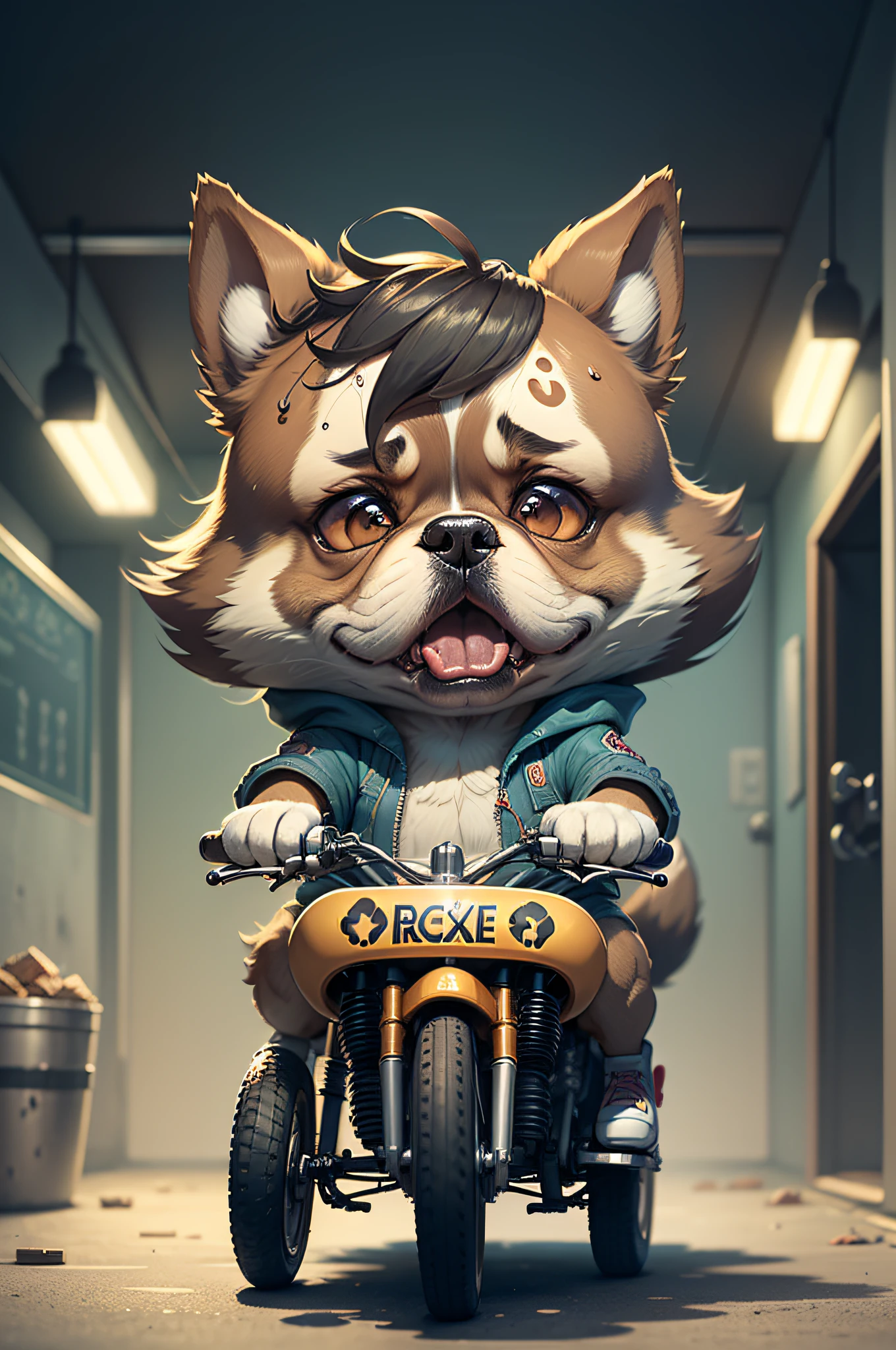 C4tt4stic, Cartoon boxer dog desperately riding a tricycle（The specifics of the appearance of the Boxer dog、Desperate face、Sweating、Tongue-in-cheek）