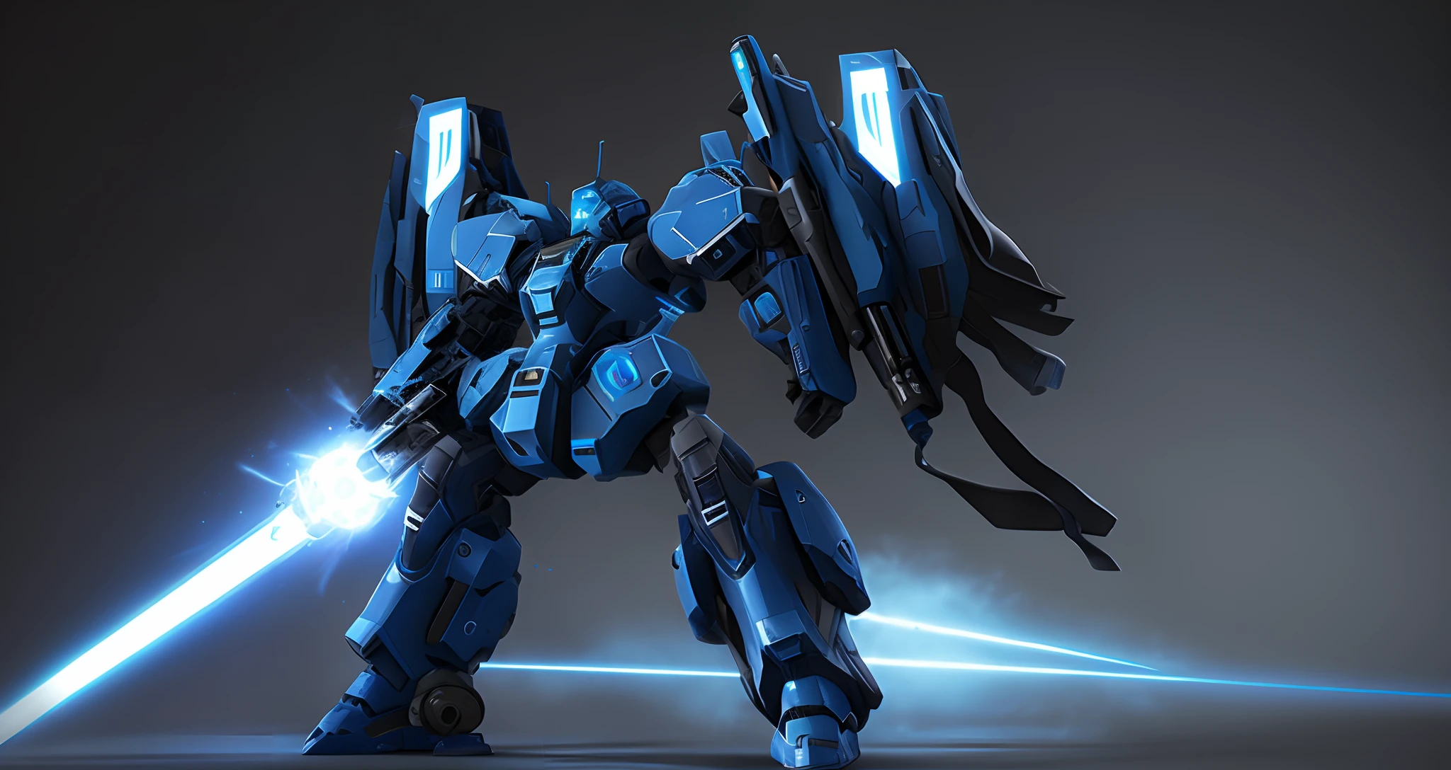 Blue mech，Equipped with plasma cannon and laser gun。