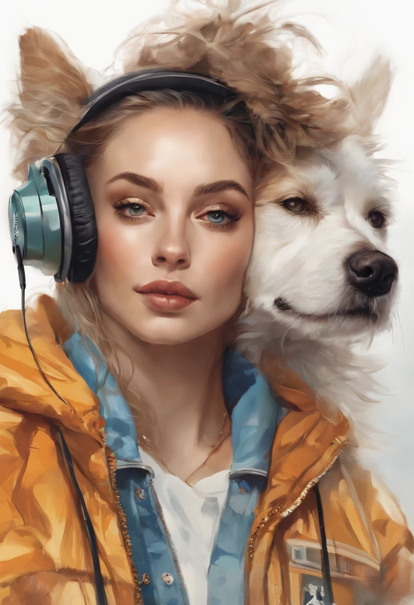 Perfect centering, Cute dog, Wear a student team jacket, Wearing sunglasses, Wearing headphones, cheerfulness, Standing position, Abstract beauty, Centered, Looking at the camera, Facing the camera, nearing perfection, Dynamic, Highly detailed, smooth, Sharp focus, 8K, high definition resolution, illustration, Art by Carne Griffiths and Wadim Kashin, White background