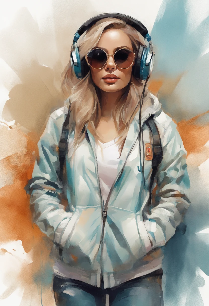 Perfect centering, Cute dog, Wear a student team jacket, Wearing sunglasses, Wearing headphones, cheerfulness, Standing position, Abstract beauty, Centered, Looking at the camera, Facing the camera, nearing perfection, Dynamic, Highly detailed, smooth, Sharp focus, 8K, high definition resolution, illustration, Art by Carne Griffiths and Wadim Kashin, White background
