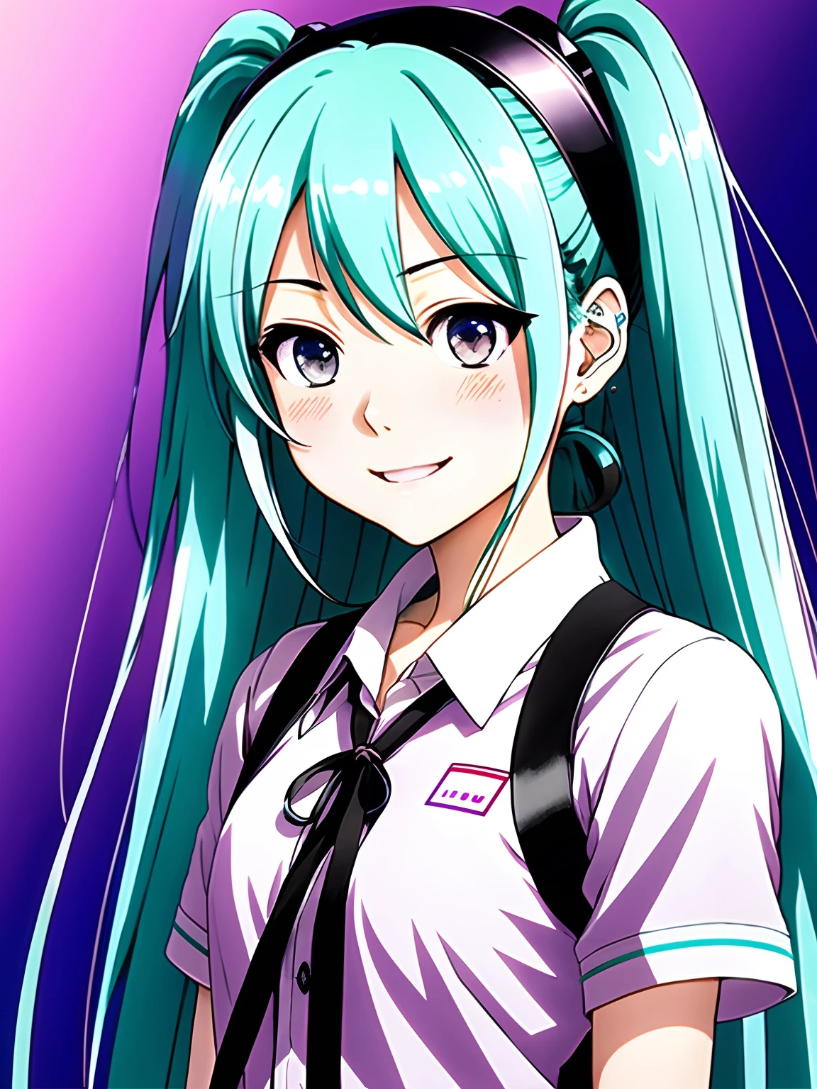 Smiling Hatsune Miku, Ultra-detailed portrait of one person、Color Digital Painting、A highly detailed、Digital Painting、art stations、Convoluted、Sharp Focus、Warm lighting、enticing、hightquality、masterpiece、Award-winning art、Art by Yoshitaka Amano and Brian Froud、Trending on ArtStation、Trending in deviantart、anime keyvisual、Anime coloring、(anime screen cap:1.2)、(Graphic Novel)、(anime styled:1.3)、Trending in CGsociety, Twin-tailed,