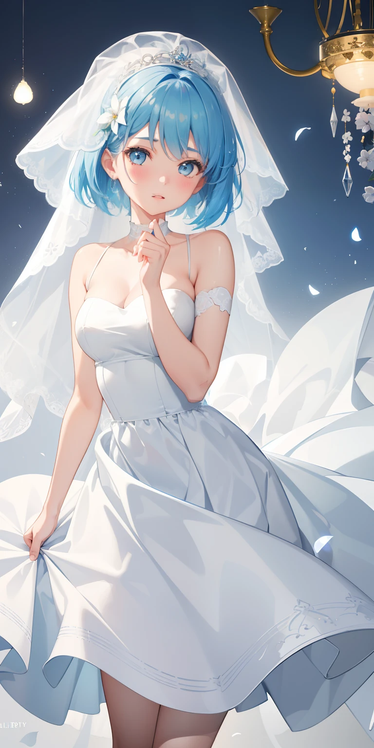 1girl, short hair, light blue hair, white wedding dress, glowing, sidelighting, wallpaper,
