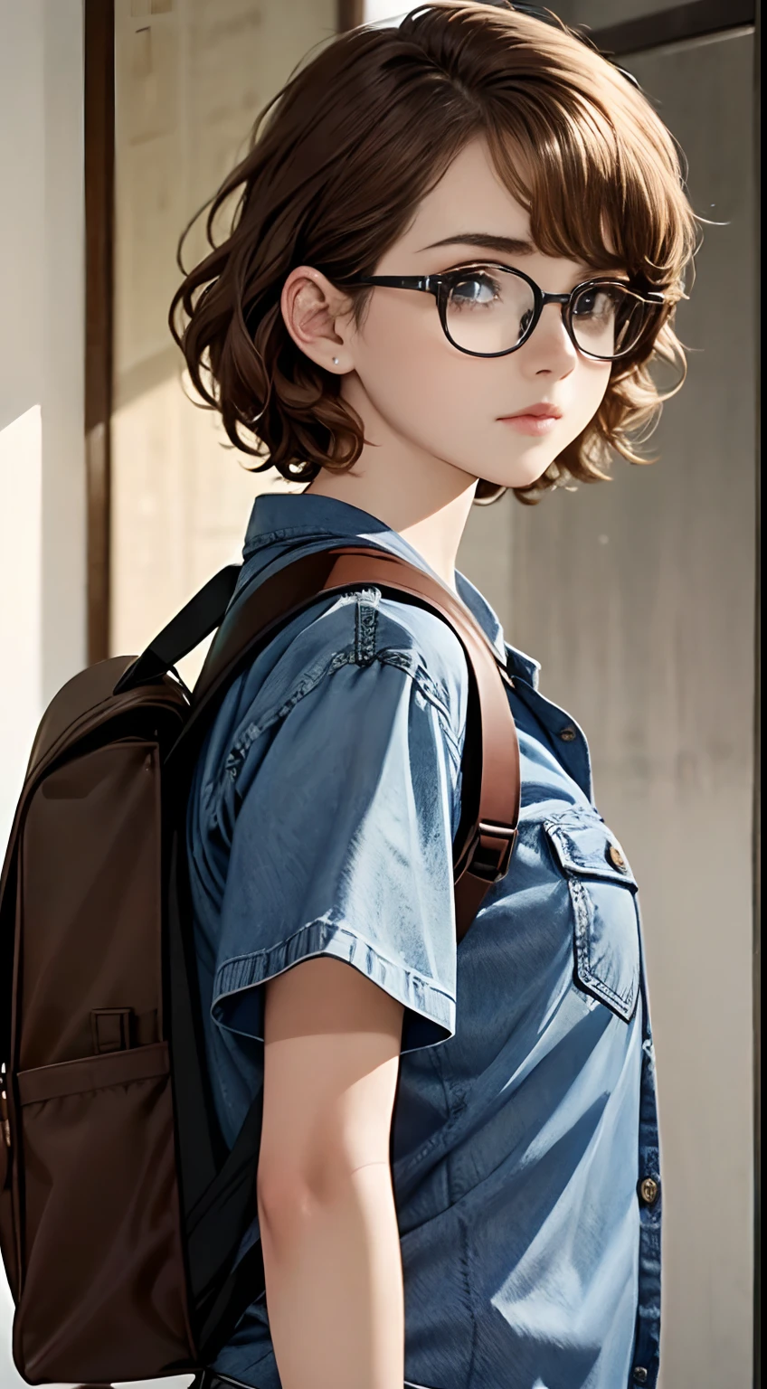 One beautiful teenage girl、Afro and short-cut hair、girl wearing round glasses、Beautiful girl with sauce eyes、Blue denim shirt、Brown backpack、