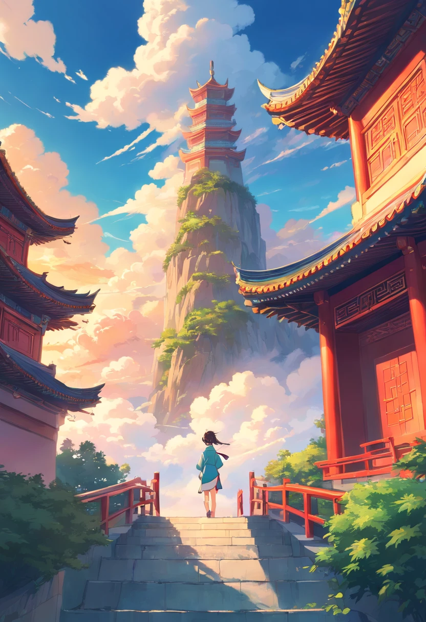 In the background is a very magnificent Chinese-style building,pines,Clouds,The color atmosphere is rich,In the foreground is a person,A dragon circling in the middle,4k画质,Manhwa Style,The light effect shines through the middle of the clouds,Chinese mythology