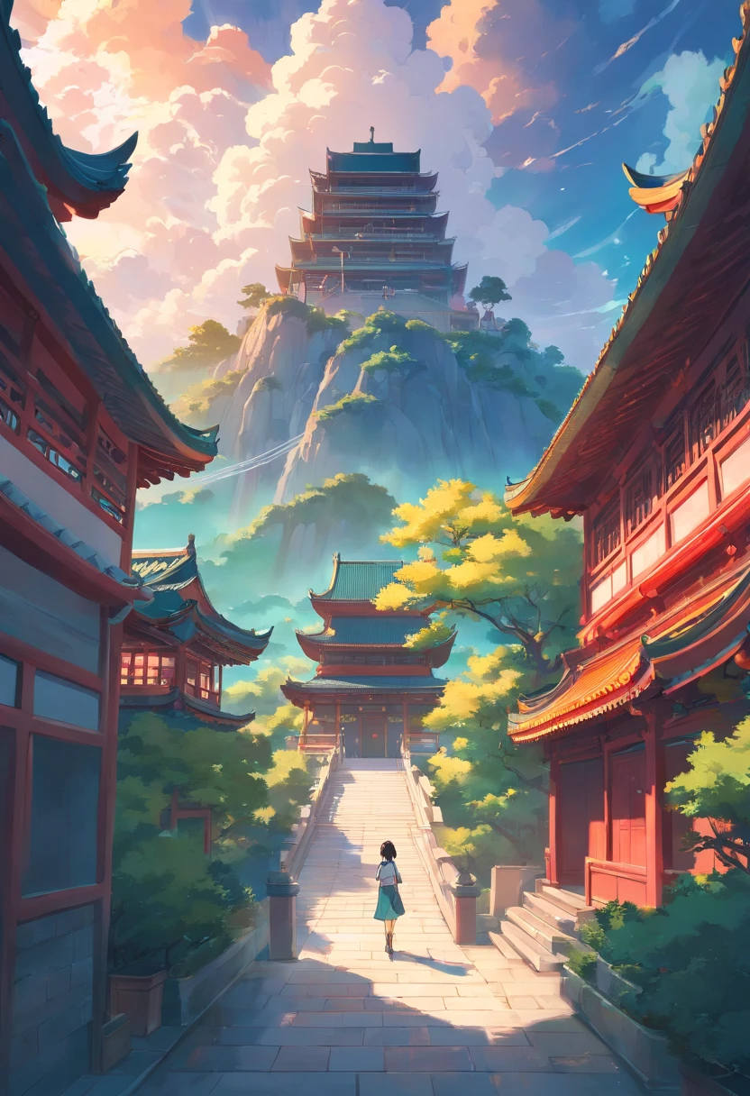 In the background is a very magnificent Chinese-style building,pines,Clouds,The color atmosphere is rich,In the foreground is a person,A dragon circling in the middle,4k画质,Manhwa Style,The light effect shines through the middle of the clouds,Chinese mythology