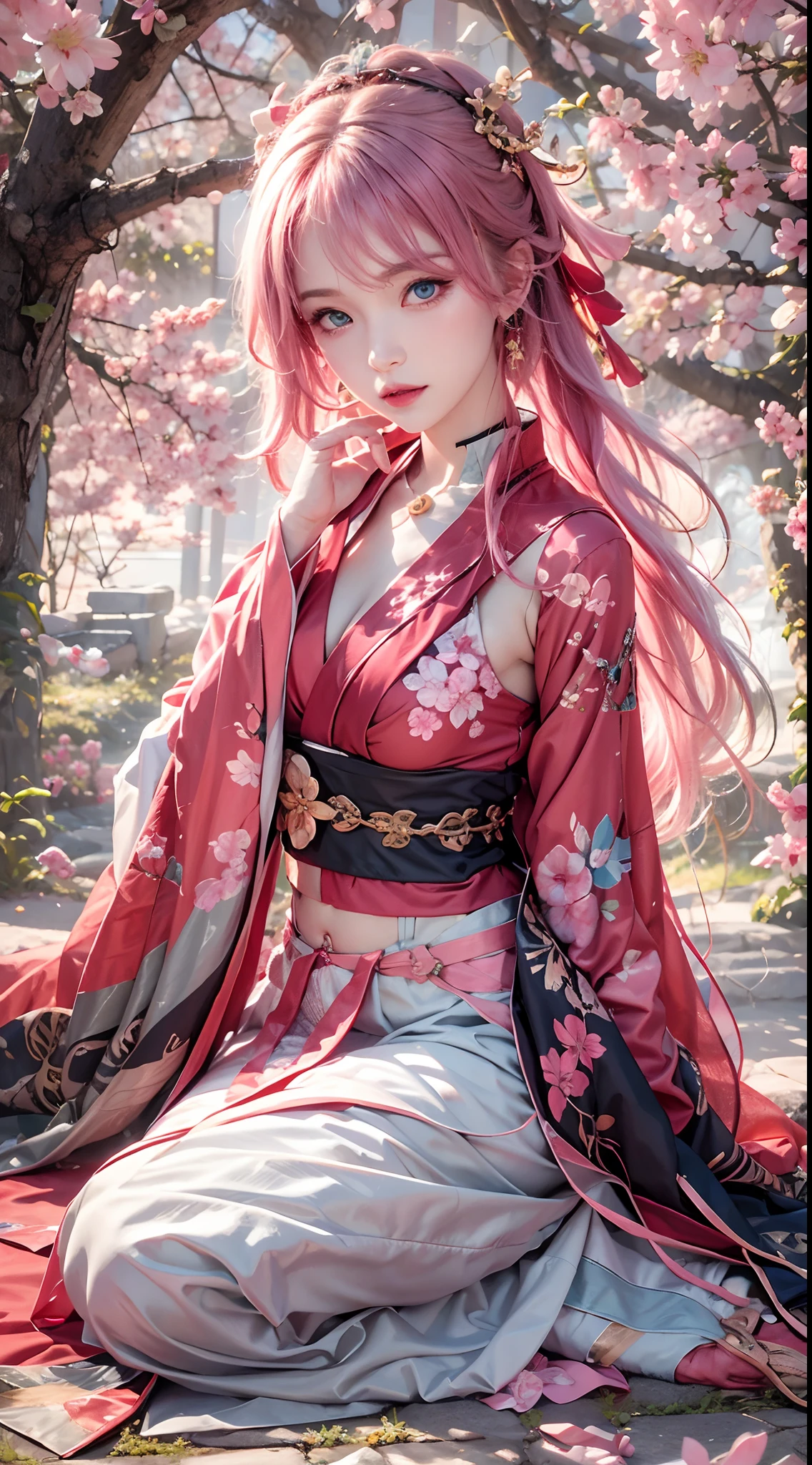 photorealistic, high resolution, soft lights, 1women, solo, hips up, blue eyes, pink hair, long hair, red hanfu, hips up, jewelry, tattoo, cherry blossom