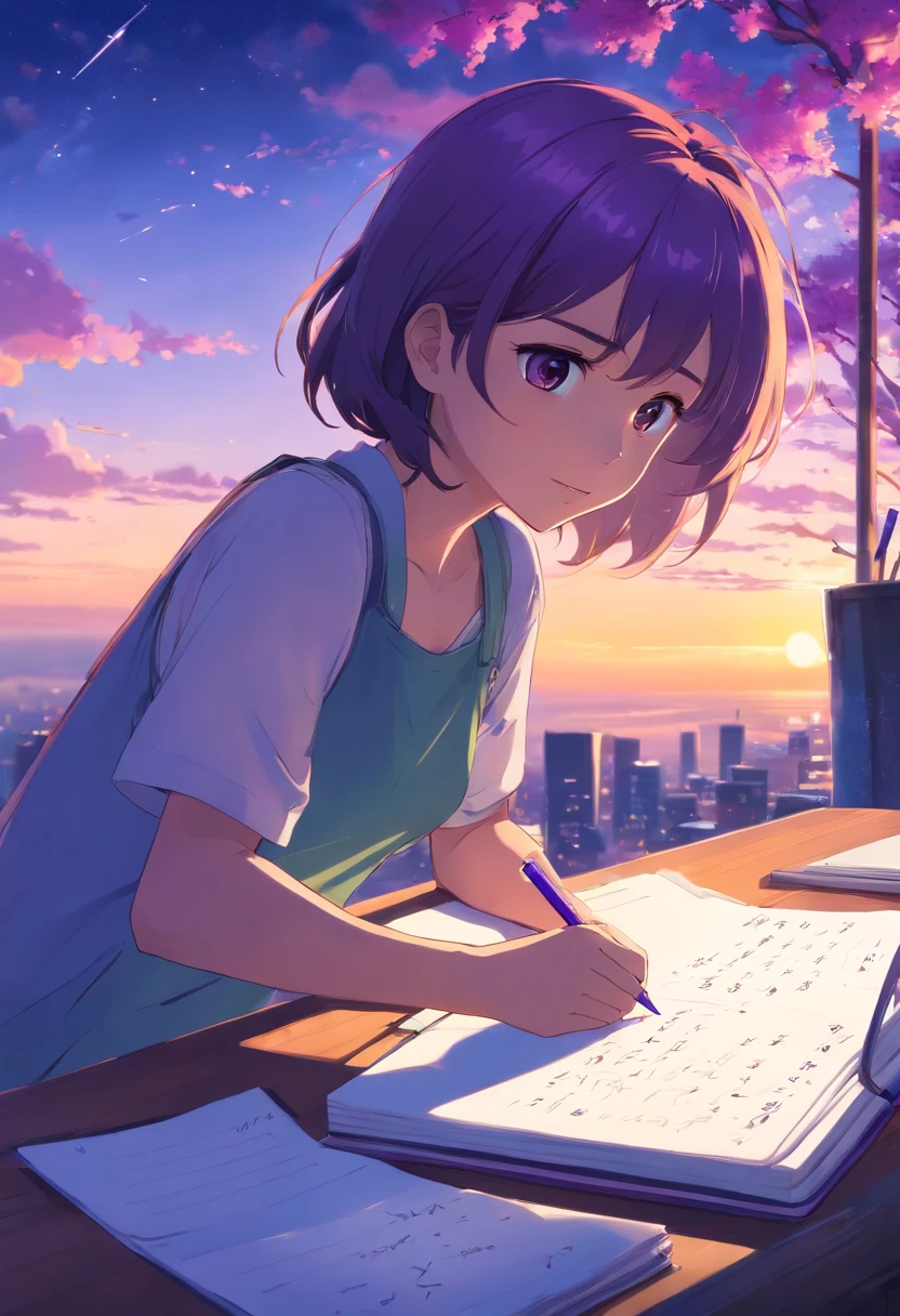 Girl writing the word on a notebook "dx" avec un ciel violet en fond