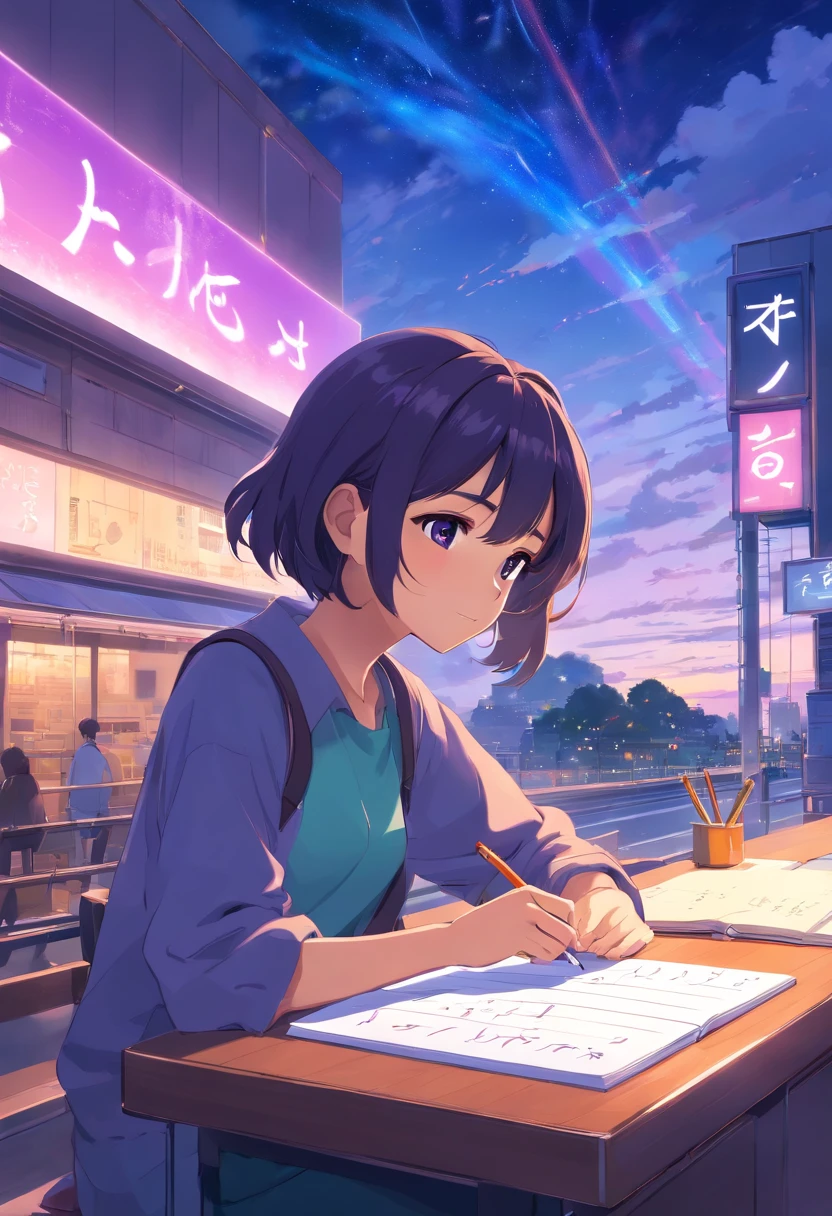 Girl writing the word on a notebook "dx" avec un ciel violet en fond