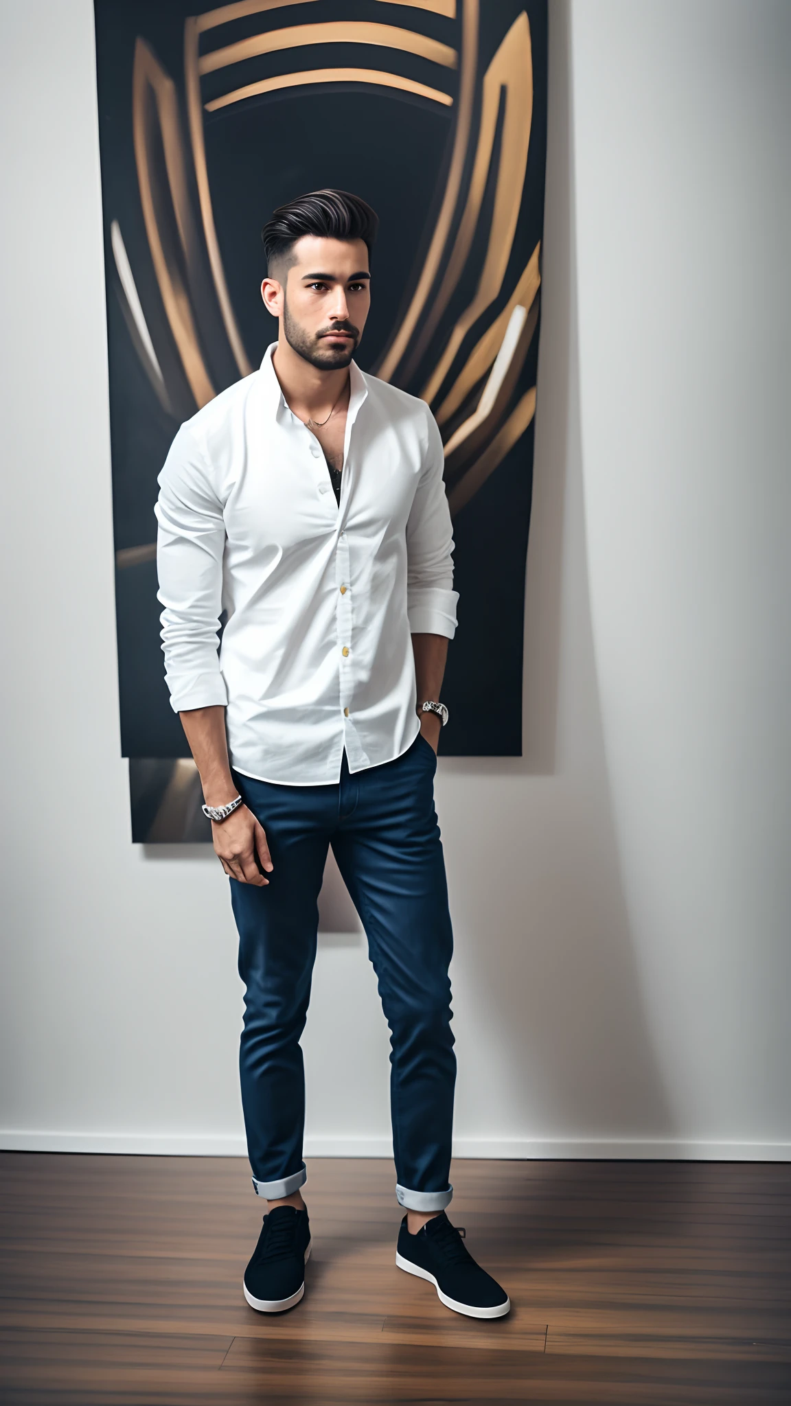 there is a man standing in front of a painting of a man, edited in photoshop, full body photogenic shot, candid picture, full body picture, taken with sony alpha 9, stylish pose, casual photography, with lovely look, 'white background'!!!, in front of white back drop, looking heckin cool and stylish, with a cool pose, full body photograph