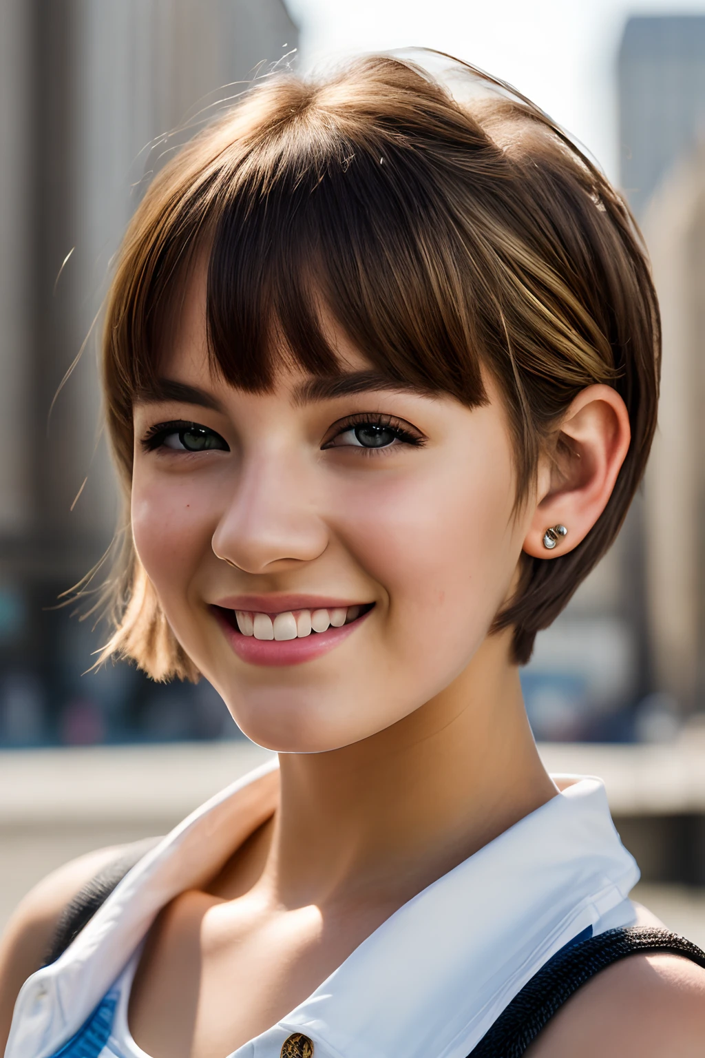 (Masterpiece,best quality,high quality,ultra-realistic:1.2),vibrant colors,portrait,sharp focus,extremely detailed,intense lighting,female teenager,blonde,black eyes,smile,pixie cut,sunny day,intricate details,City background