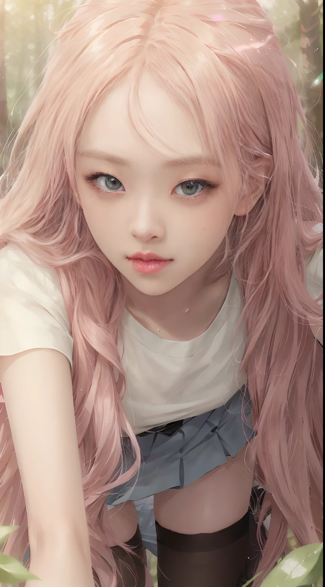 ((Rosè from Blackpink)), white t-shirt, tiny blue pleated skirt, pink panties, black tights to the waist, black high heels, close-up from thighs to face, shot from below, very fair skin, very long hair, wavy hair, camp, Forest, photorealistic, Indirect lighting, volumetric light, ray tracing, hyper-detailed, best quality, very high resolution, HDR, 8k