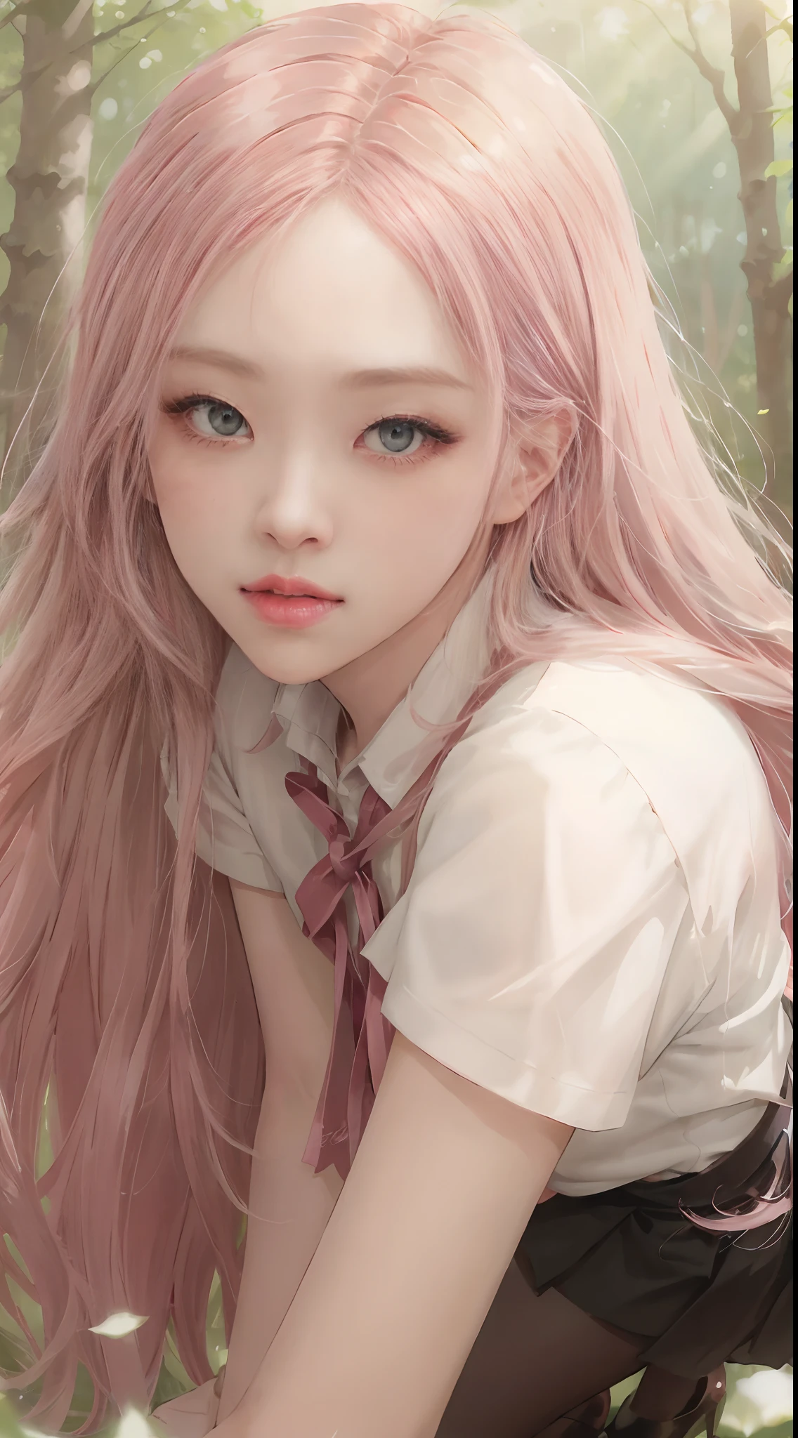((Rosè from Blackpink)), white t-shirt, tiny blue pleated skirt, pink panties, black tights to the waist, black high heels, close-up from thighs to face, shot from below, very fair skin, very long hair, wavy hair, camp, Forest, photorealistic, Indirect lighting, volumetric light, ray tracing, hyper-detailed, best quality, very high resolution, HDR, 8k