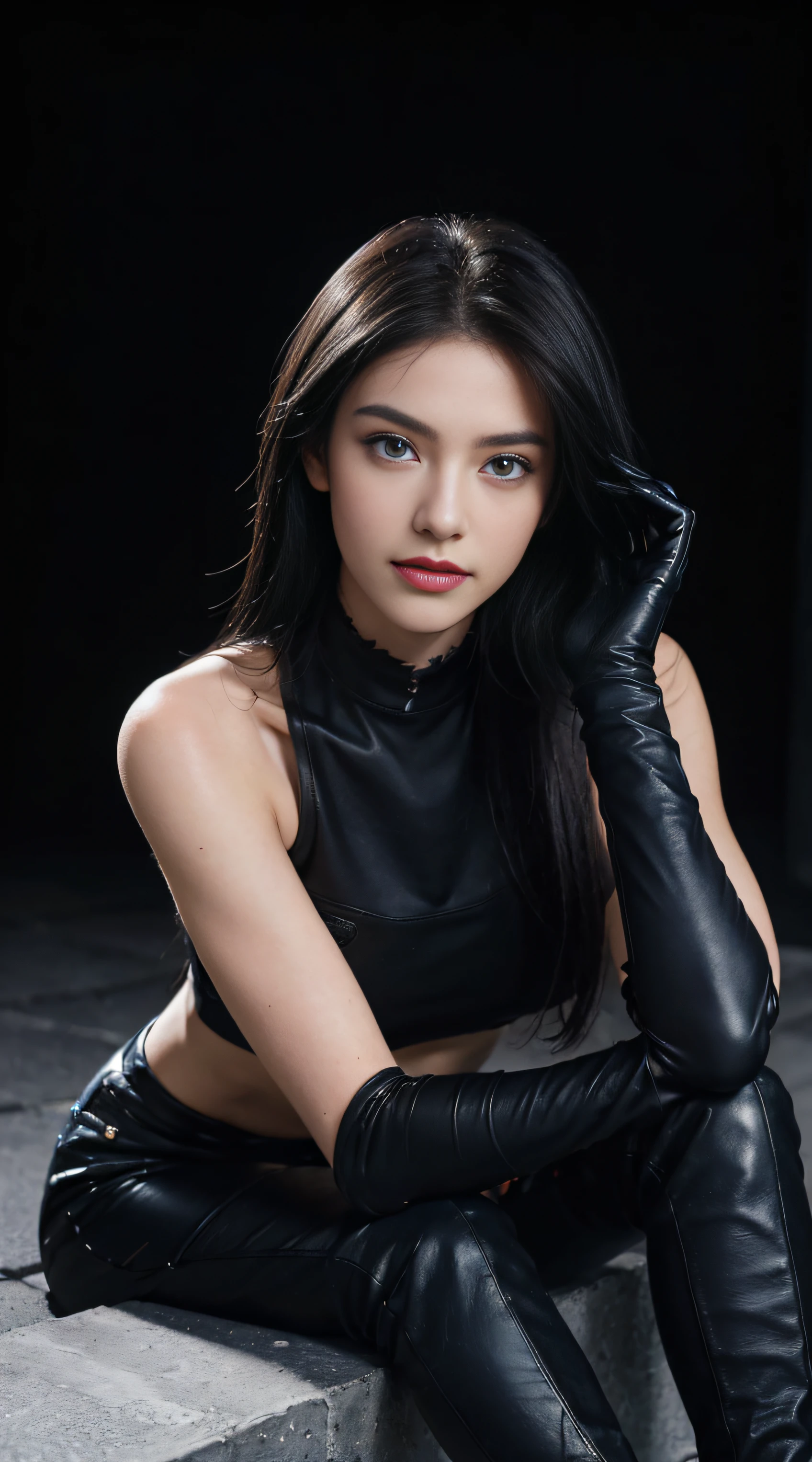 8K, Top Quality, Intricate Details, Ultra Detail, Ultra High Resolution, Masterpiece, random angle, close-up shot Slender, Smile, (Makeup: 0.4), (Fluffy Blue Eyes: 1.21), blue Eyes,, ((full body)), 1girl, solo, 1 girl, (( full body)), close-up shot, , , ((tall)), (((fit body))), (((slim face))), sharp face, sharp eyes, (((black hair, long hair, )) ,(detailed face), sharp face, small lips, thin lips, aim gunblade, holding gunblade,
(( torn crop top, torn black skinny short pants,gloves, boots )), detailed face, detailed breast, , large breast, detail, , Beautiful girl with accentuated slender abs: 1.4, Six Pack Abs: 1.4, Bust Botox, Big, Perfect Body, detail leg, (( moonlight)), cyber city,