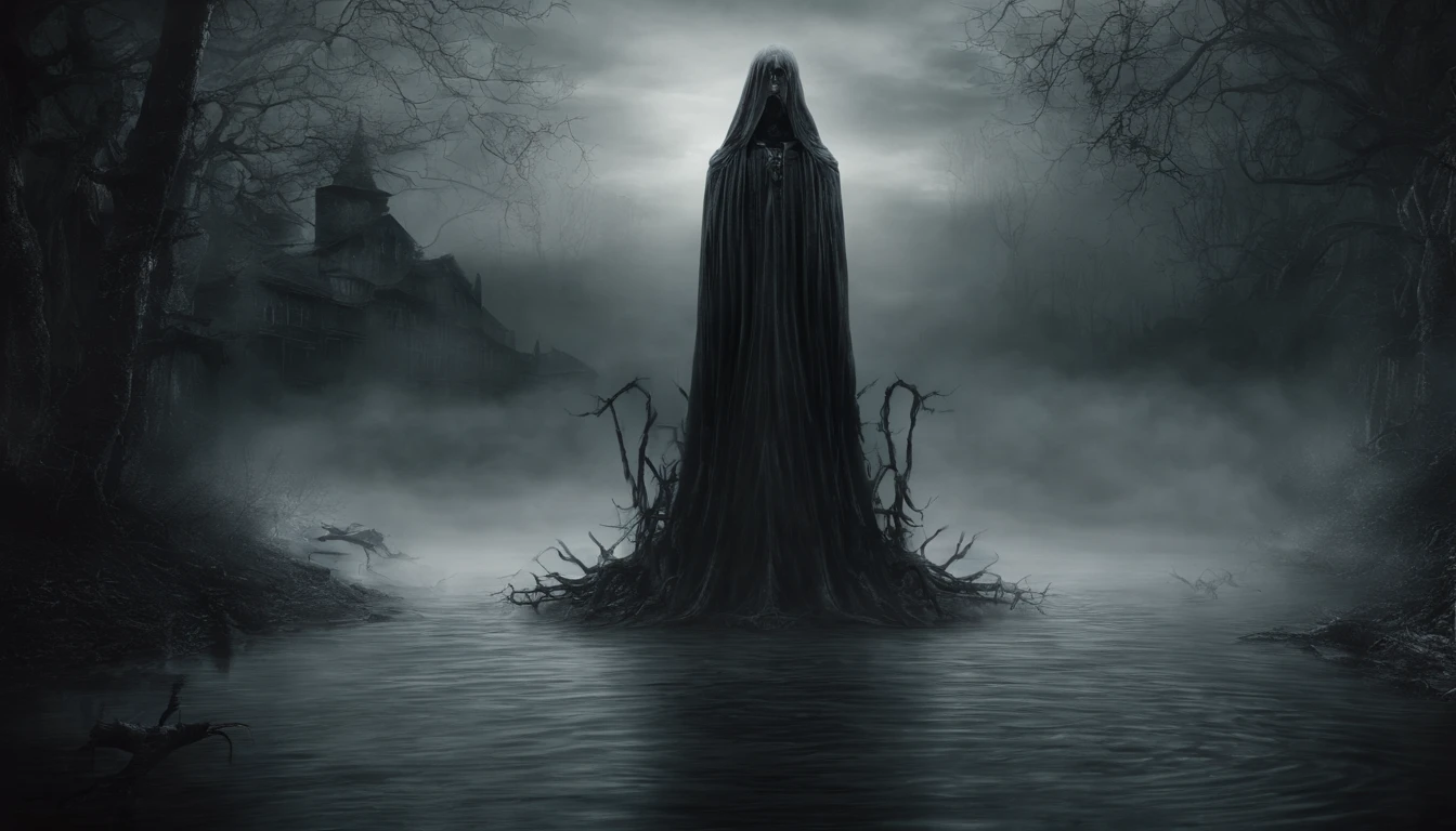Generate an image of a mystical, ethereal human presence above the water.