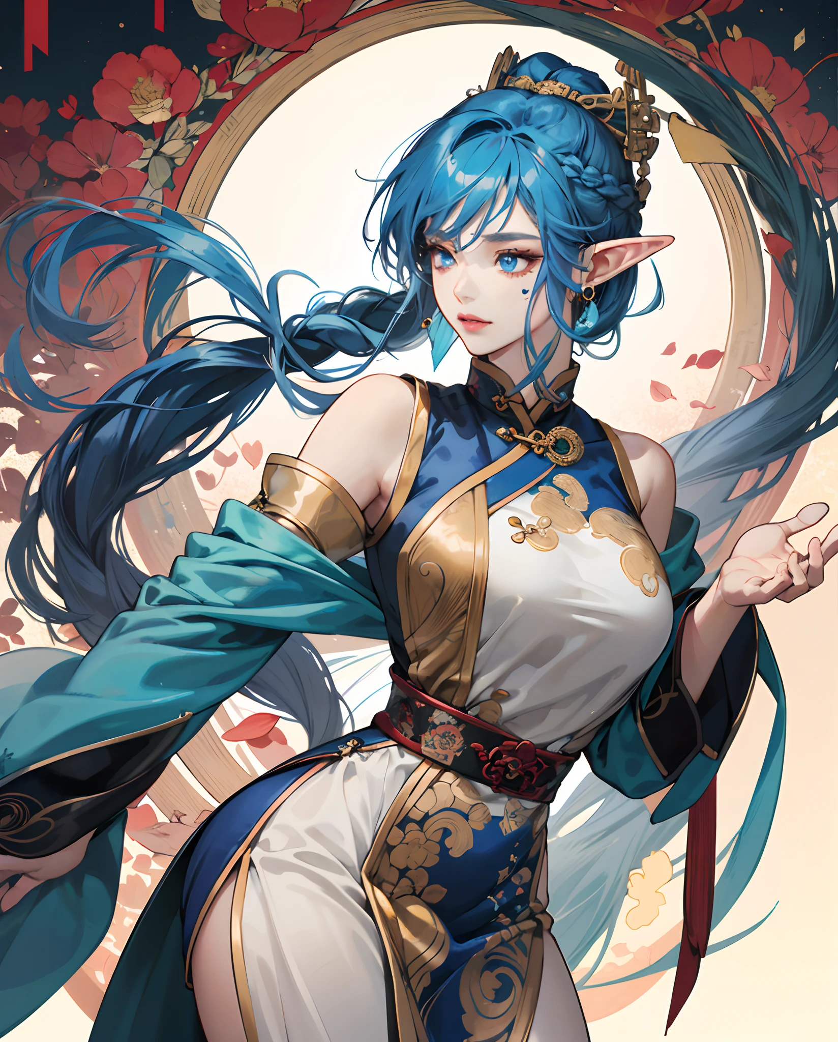An Elf, blue eyes, ear pearcing blue type blue hair that reaches her shoulders, braid on the left side of her hair. Beauty Mark on the left cheek, she is also very beautiful and voluptuous figure,She usually wears a Chinese traditional dress in black colour with gold, Highly quality, highly texture, highly detailed, semirealist anime,