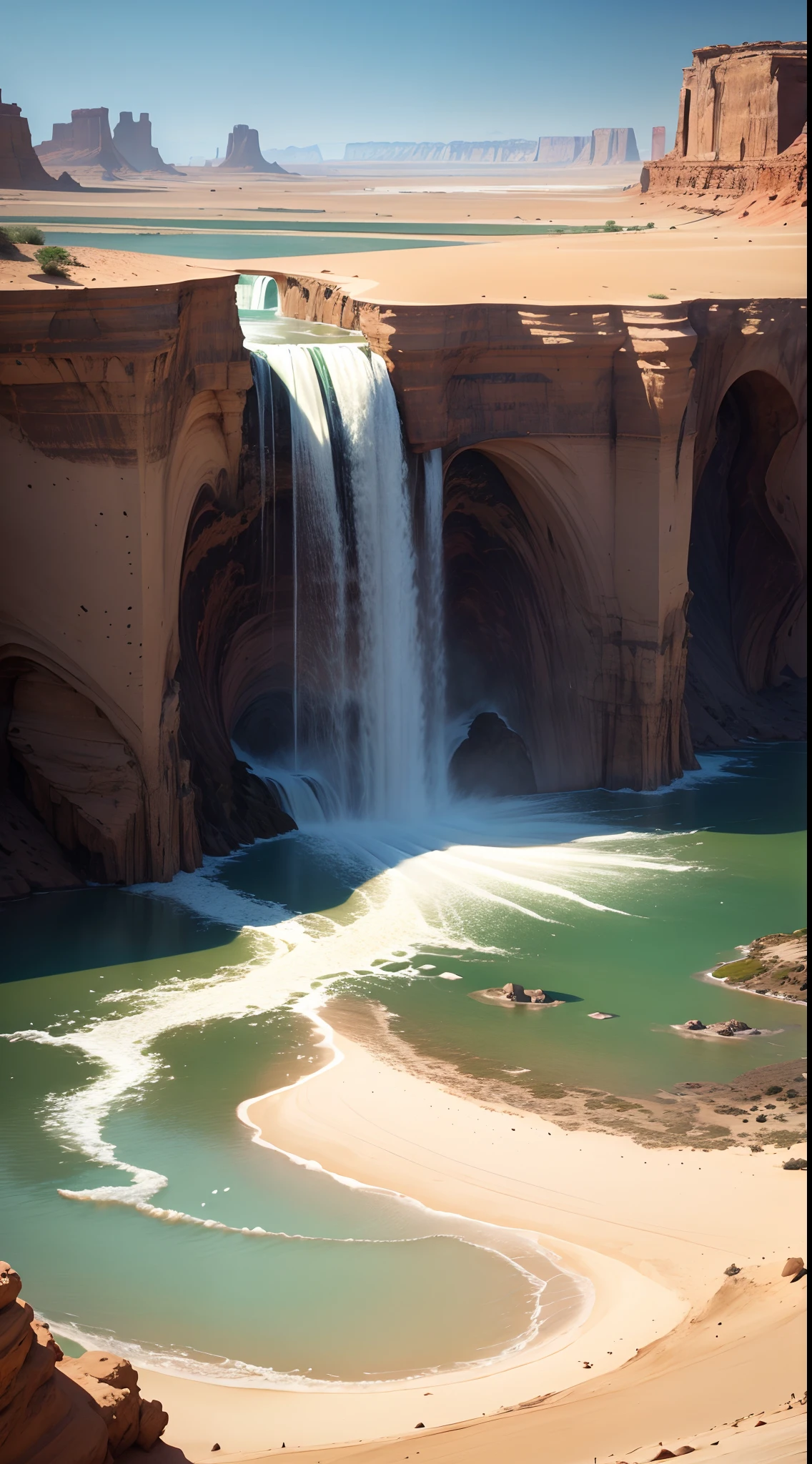 The best quality, ultra-detailed, huge waterfalls in the sand desert. Hdr, high quality, high resolution, Hdr, high resolution, high quality, extraordinary masterpiece.