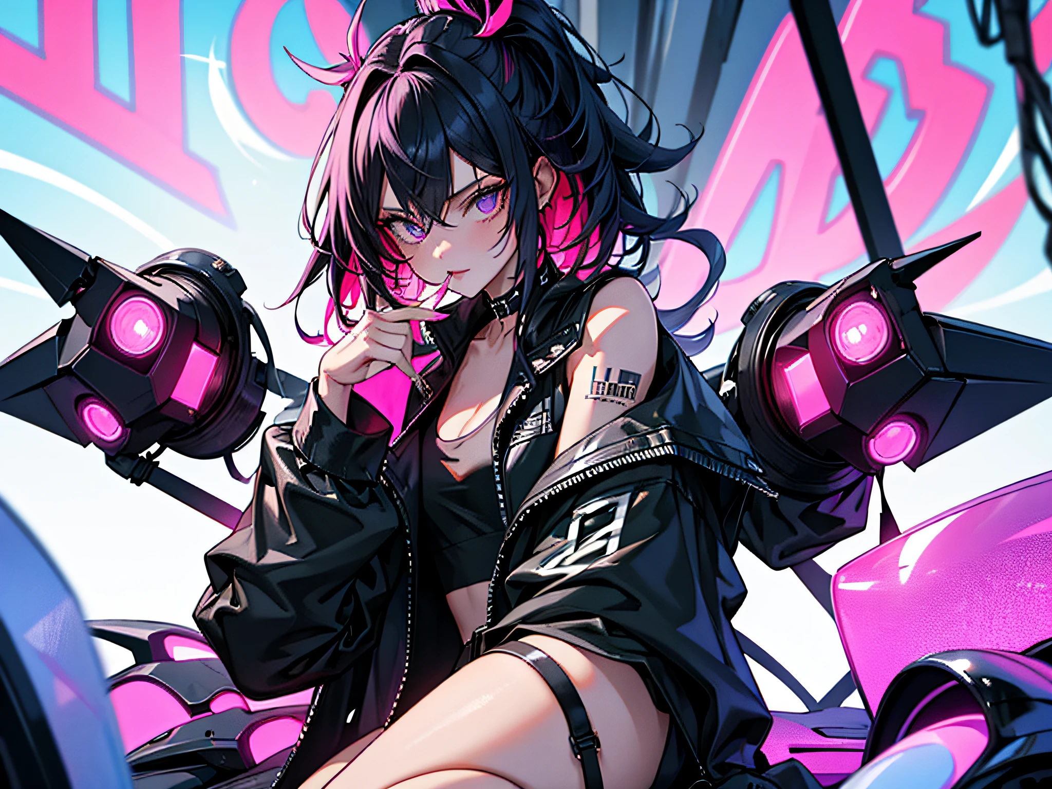 girl, long hair, cool black open short jacket labeled "CruciA", tatoos, messy fade cut hair, crazy, sit pose, on futuristic neon night street background,poser, fuchsia, indigo