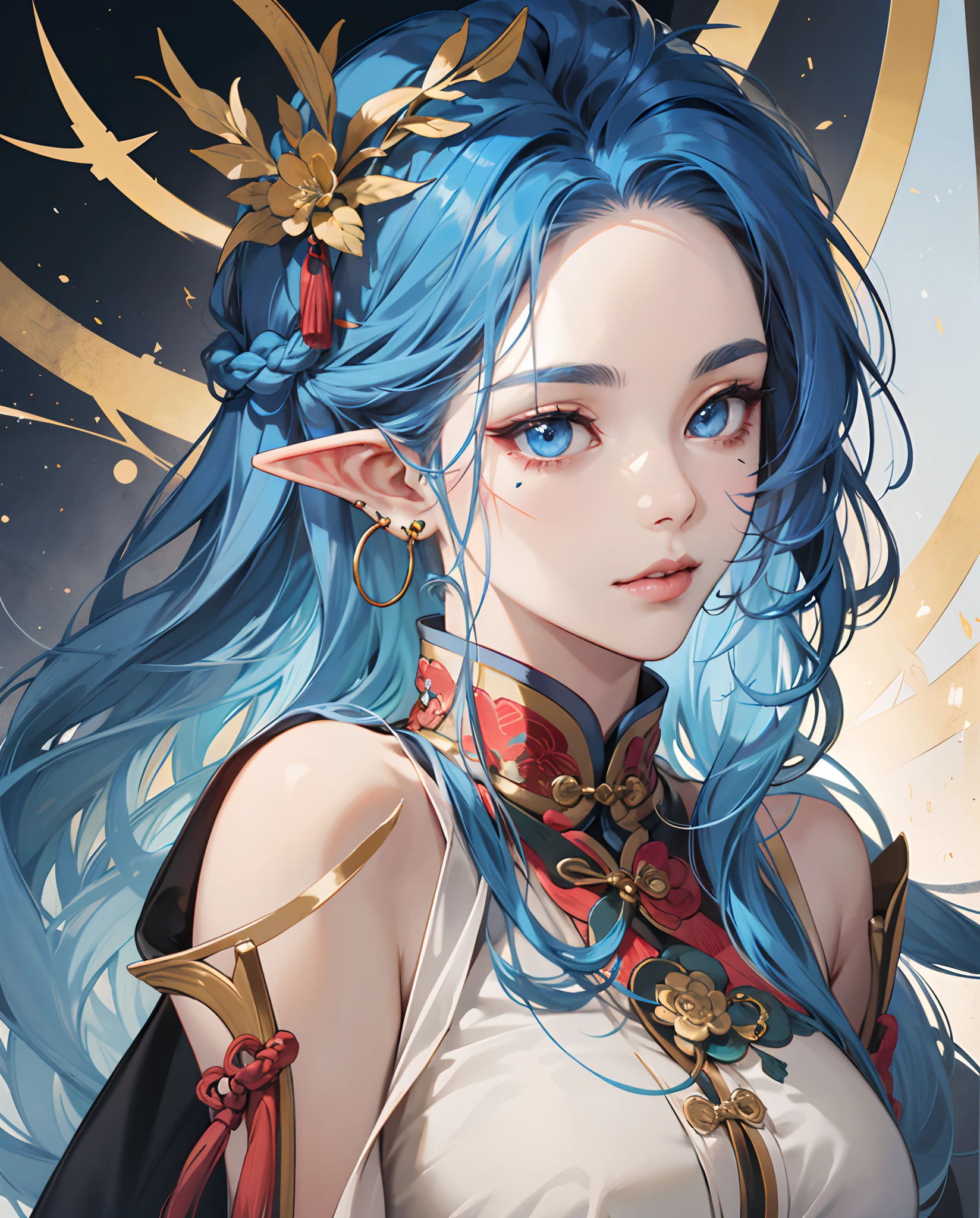 An Elf, blue eyes, ear pearcing blue type blue hair that reaches her shoulders, braid on the left side of her hair. Beauty Mark on the left cheek, she is also very beautiful and voluptuous figure,She usually wears a Chinese traditional dress in black colour with gold, Highly quality, highly texture, highly detailed, semirealist anime,