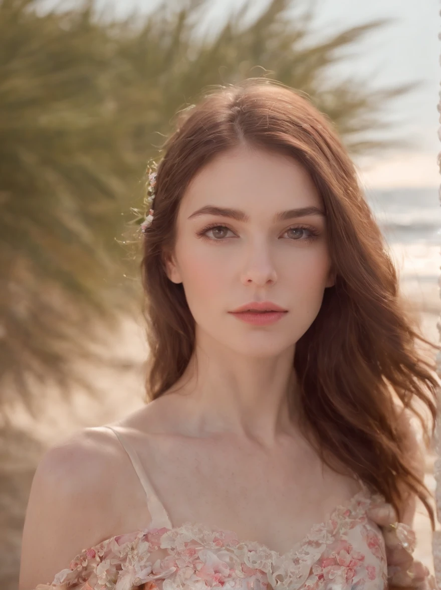 lndswgnr_V1.0, (Sharp focus: 1.5), (Sharp focus:1.2), Portrait, Attractive young woman, (Beautiful face:1.1), Detailed eyes, lusciouslips, (Eye makeup:1.2), (Tight body:1.2), Wearing (flowery dress:1.2) at (sea beach:1.2). (Morning sun illumination:1.2), Depth of field, Bokeh, 4K, hdr. By (James S. Christensen:1.2|JeremyLipking:1.1).