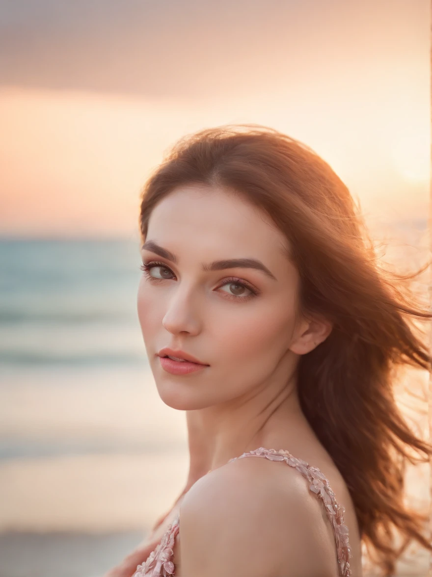 lndswgnr_V1.0, (Sharp focus: 1.5), (Sharp focus:1.2), Portrait, Attractive young woman, (Beautiful face:1.1), Detailed eyes, lusciouslips, (Eye makeup:1.2), (Tight body:1.2), Wearing (flowery dress:1.2) at (sea beach:1.2). (Morning sun illumination:1.2), Depth of field, Bokeh, 4K, hdr. By (James S. Christensen:1.2|JeremyLipking:1.1).
