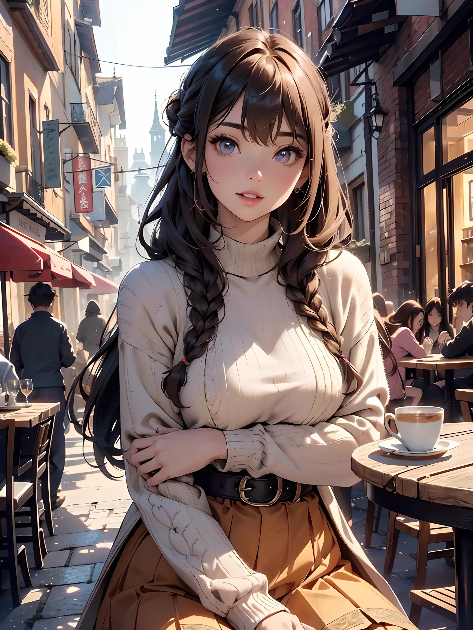 in 8K、masutepiece、reallistic、masterpiece、 top-quality、The ultra -The high-definition、ighly detailed、超A high resolution, (fidelity: 1.2)、细致背景、extremely details CG、Angle from high position,((Low Angle Full Body Shot)),Soft light illumination、 Houseplants of standing trees、(European-style city、Old buildings、Detailed cityscape、A lively street café、Table seating)、Woman sitting on chair in seat、Looking at the viewer、medium-sized chest、hand holding cup of coffee、de pele branca、Beautuful Women、(A detailed eye、Almond Eye、Brown eyes、Bright pupils、Gradient Eyes、finely detailed beautiful eye、big highlight on eyes:1.2)、(Brown hair、Medium Short、poneyTail、Upstyle、Small braided bun hair arrangement、asymmetrical bangs)、(with a belt、long skirt、Paisley pattern、Long sweater、flare sleeve、The blanket is draped over the shoulder 、pumps)、thin and long legs、Beautiful hip line、Beautiful spine、constricted back、Toned waist、cheeks are a little red、beutiful breast、Has a smallBCup Breast、Three-dimensional lips、Pouty lips、gloss lips) 、(Round face: 1.4)、(Fine fingers、detailed arms、detailed human hands)、Laughing、Mouth open、teeth showing、full body focus