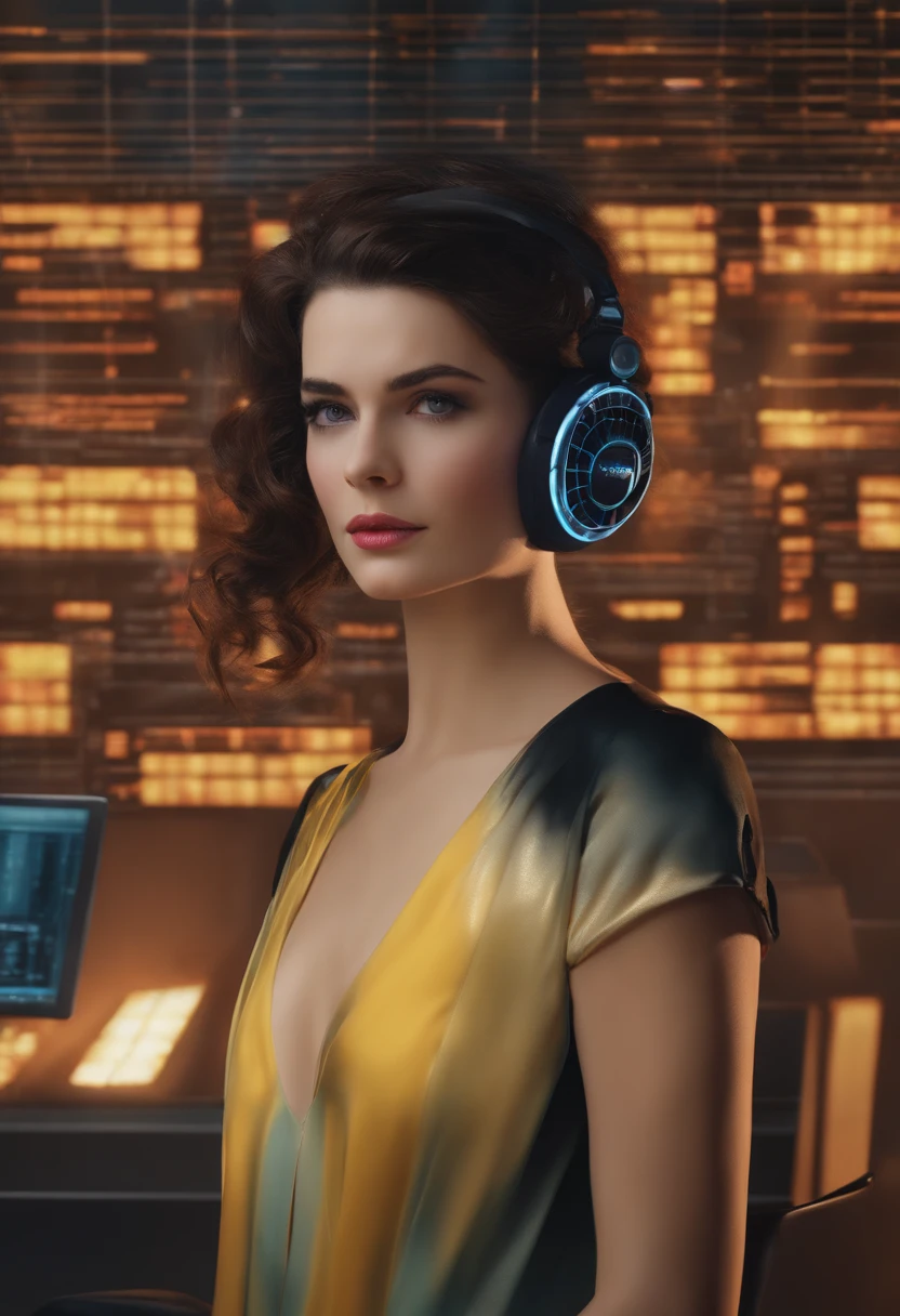 ((Melhor qualidade)), ((obra-prima)), (altamente detalhado:1.3), 3D, bela hacker mulher com cabelo curto colorido operando um terminal de computador