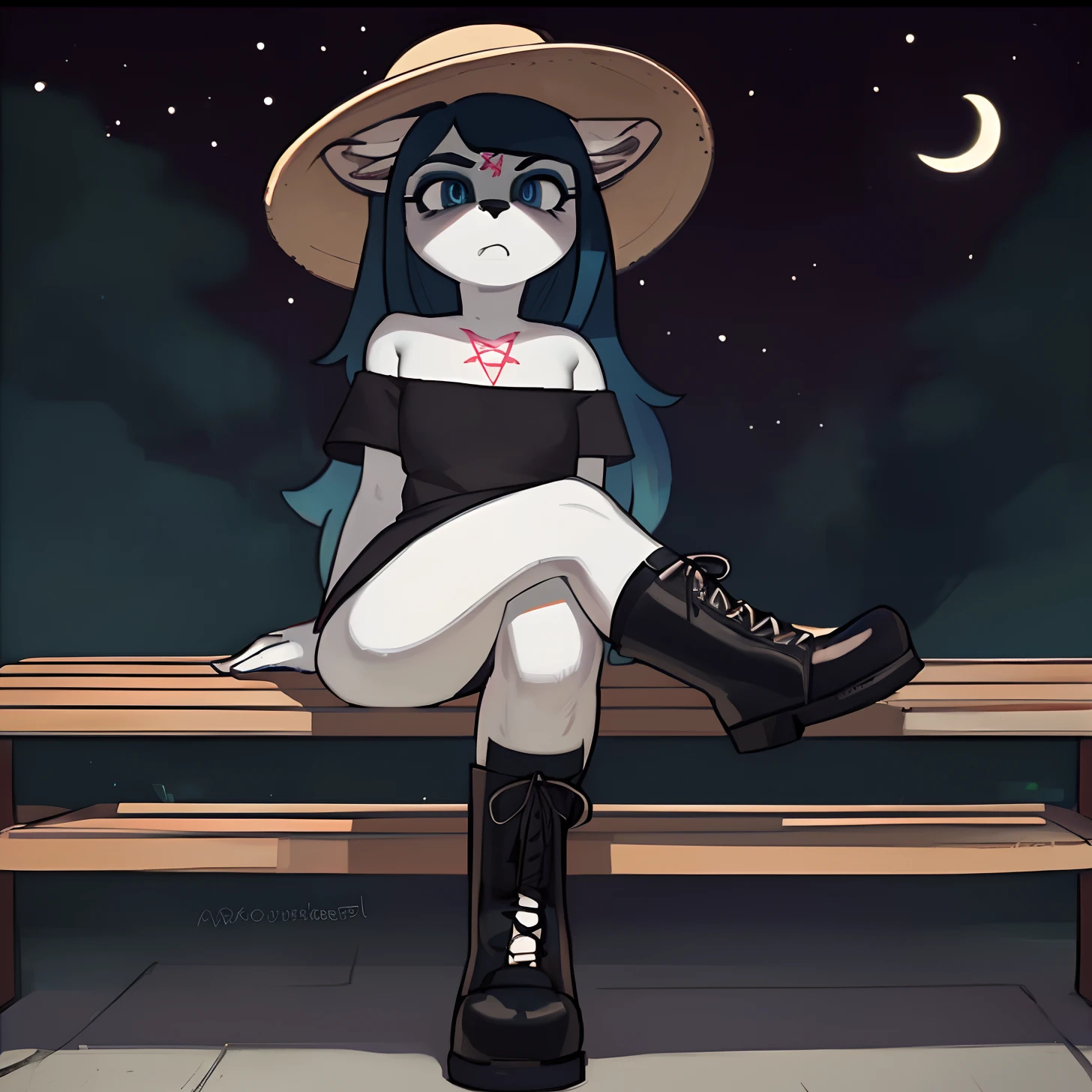[Claire (the summoning)], [Uploaded to e621.net; (Pixelsketcher), (wamudraws)], ((masterpiece)), ((solo portrait)), ((furry; anthro)), ((detailed fur)), ((cel shading)), ((detailed shading)), ((beautiful render art)), {anthro, white fur, black nose, (pink pentagram on forehead), long blue hair, dark blue slit eyes, (expressionless), frown, (curvy hips)}, {(short sleeve off-shoulder black shirt), (black short dress), (goth boots), (dark blue laces), (straw hat)}, {(sitting on bench), (legs crossed)}, [background; (park), (full moon), (starry sky)]