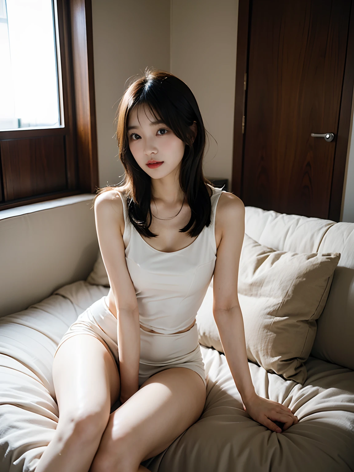 arafed asian woman sitting on a couch in a room, a picture by David Diao, unsplash, minimalism, beautiful young korean woman, korean girl, sitting on the sofa, sitting on the bed, gorgeous young korean woman, sitting on a bed, beautiful south korean woman, taken with canon eos 5 d, korean woman, posing in a bedroom