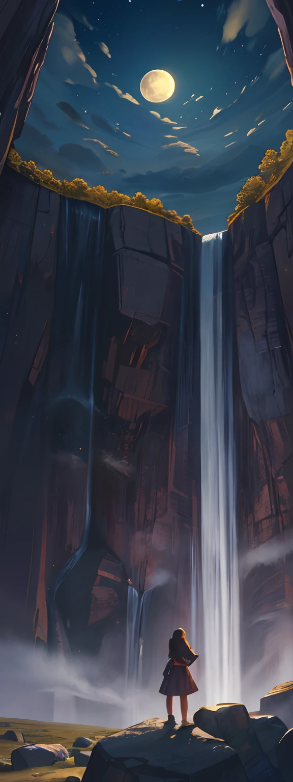 A wide landscape photo, (viewed from below, the sky is above, and the open field is below), a girl standing on a rocks, majestic three, ((waterfall)) (full moon: 1.2), (meteor: 0.9), (nebula: 1.3), distant mountains , Trees BREAK Crafting Art, (Warm Light: 1.2), (Firefly: 1.2), Lights, Lots of Purple and Orange, Intricate Details, Volumetric Lighting BREAK (Masterpiece: 1.2), (Best Quality), 4k, Ultra Detailed, (Dynamic Composition: 1.4), Rich in Detail and Color, (Rainbow Color: 1.2), (Glow, Atmospheric Lighting), Dreamy, Magical, (Solo: 1.2)