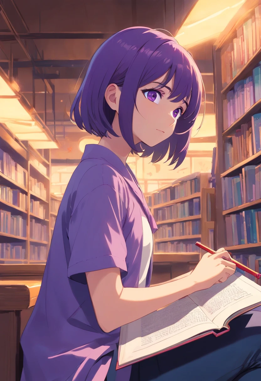 Girl with purple eyes reading a book entitled "dx"