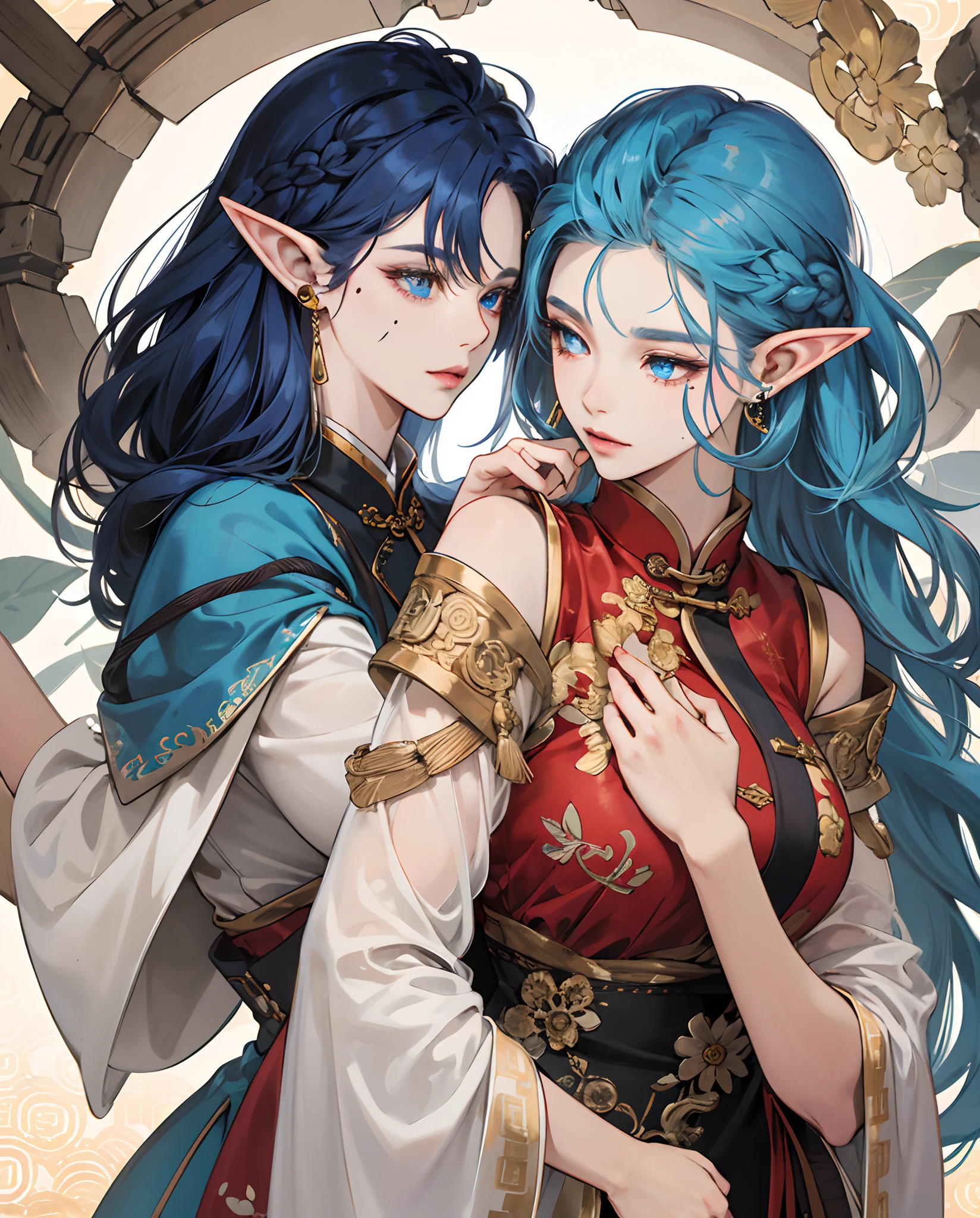 An Elf, blue eyes, ear pearcing blue type blue hair that reaches her shoulders, braid on the left side of her hair. Beauty Mark on the left cheek, she is also very beautiful and voluptuous figure,She usually wears a Chinese traditional dress in black colour with gold, Highly quality, highly texture, highly detailed, semirealist anime,
