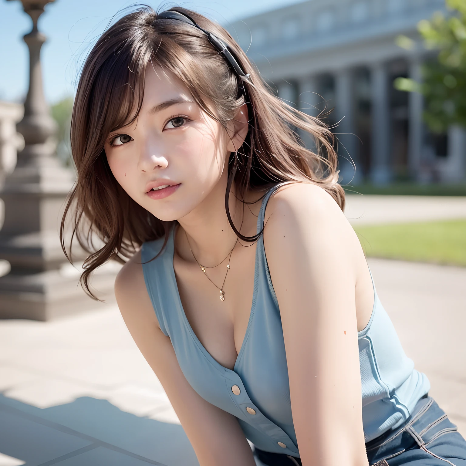 a girl in a garden, cute and adorable, with beautiful detailed eyes and lips. She has an extremely detailed face with long eyelashes. Her hair is neatly styled with bangs. The girl is a real-life representation, with a North African or Middle Eastern appearance. She is wearing a light blue sleeveless top, which becomes sweaty due to the warm weather. The girl exudes an innocent charm and youthful energy. Her name is Chiho or Sakumi, and she resembles a high school girl with a touch of surrealism.

Quality-wise, the image should be of the best quality, with a resolution of 4k or 8k, ensuring ultra-detailed rendering. The final output should aim for a realistic or photorealistic effect. The colors should be vivid, reflecting the vibrant nature of the scene. The lighting should emphasize the girl's features and add depth to the overall composition.

Art style: It should be a portrait of the girl, highlighting her beauty and capturing her essence. The style can be a blend of contemporary realism with a touch of conceptual art, resulting in a unique and visually engaging representation.

Color tone: The overall color tone should lean towards a harmonious combination of cool and warm tones. The light blue of the sleeveless top can be complemented by soft greens and earthy hues of the garden. The skin tones should be natural and radiant.

These prompts will guide Stable Diffusion in generating a high-quality image that encompasses the essence of the described scene.