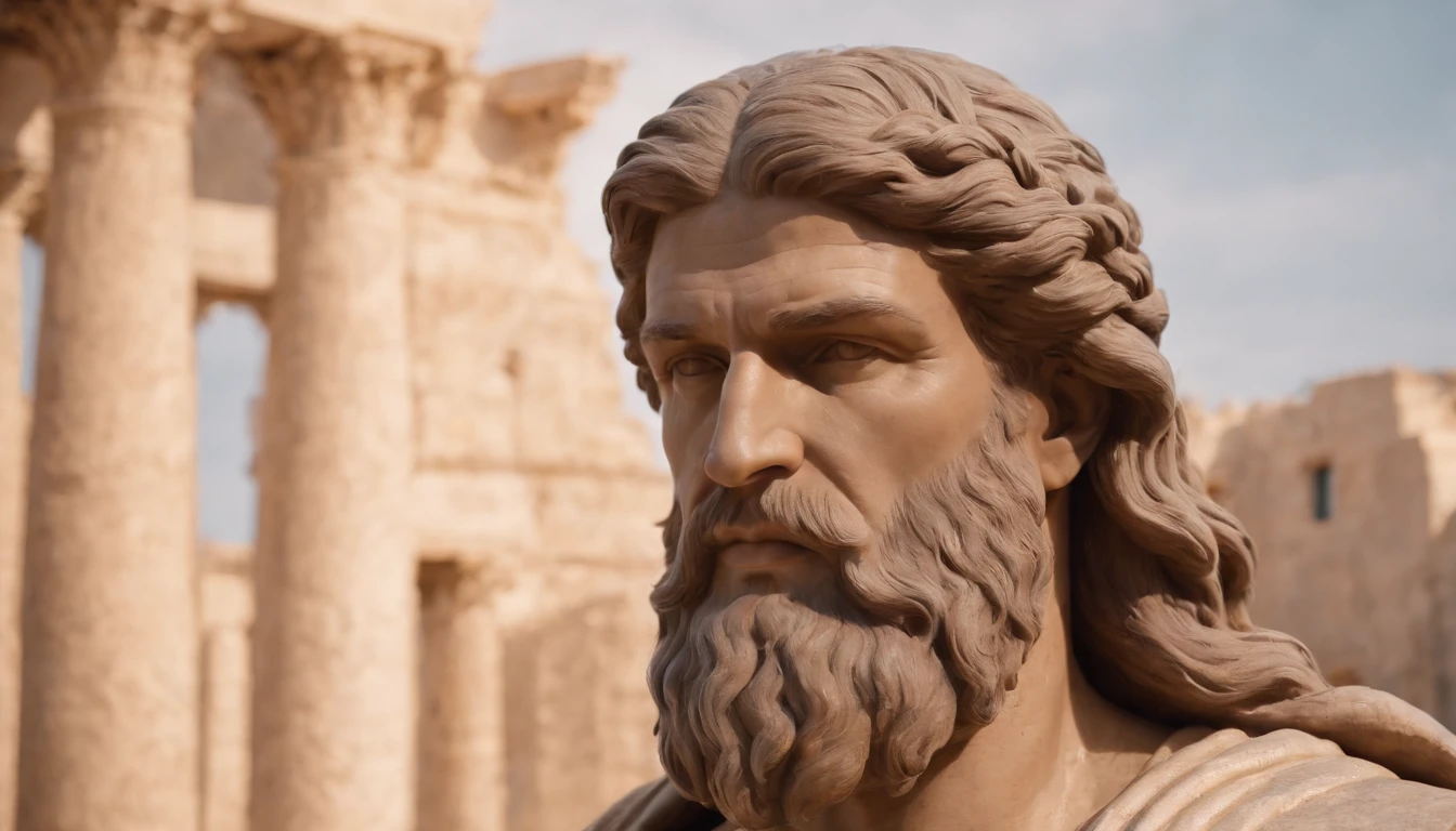 very strong powerful stoic Greek sculpture, huge beard, long hair, made of aged and dirty stone, with powerful gaze, aesthetic, bravery, determination, philosophically, nostalgic and mysterious abandoned city, solitude, highlighting small details, ultra realistic, 8k, weak, nostalgic sunset light echoes through the structure