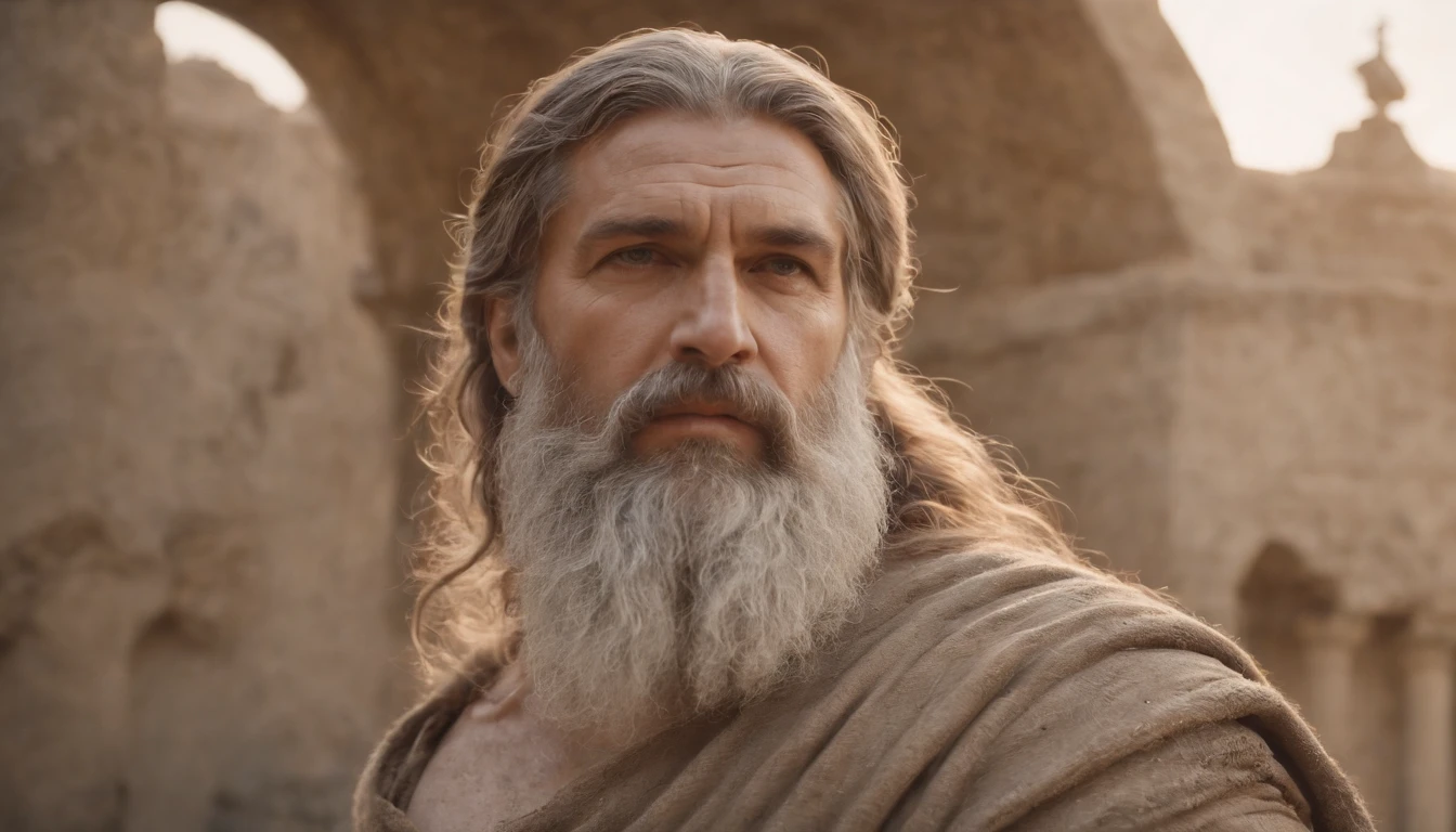 very strong powerful stoic Greek sculpture, huge beard, long hair, made of aged and dirty stone, with powerful gaze, aesthetic, bravery, determination, philosophically, nostalgic and mysterious abandoned city, solitude, highlighting small details, ultra realistic, 8k, weak, nostalgic sunset light echoes through the structure