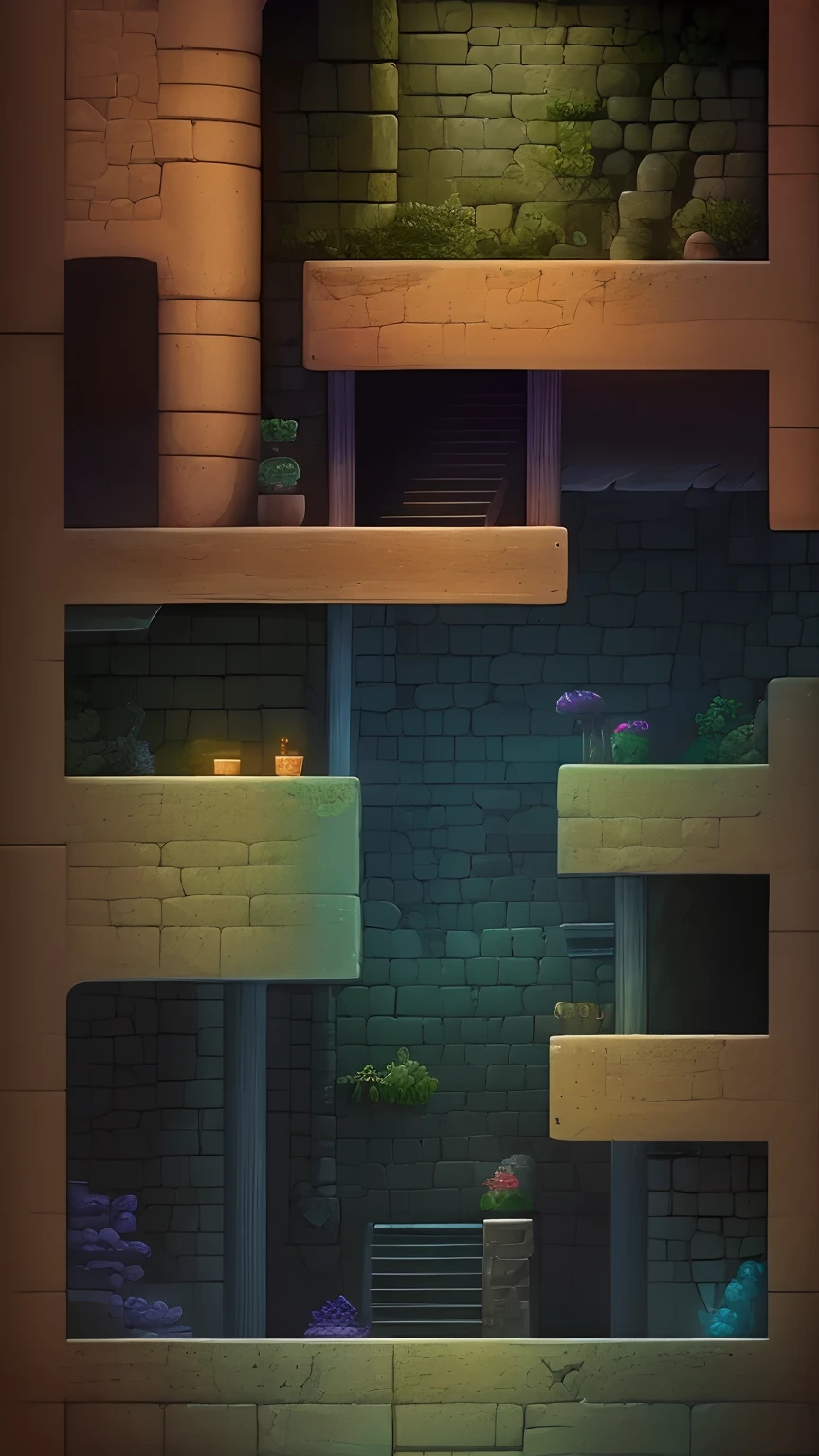 A platform game cave dungeon, rocks, chests, leathers, platformer, sidescroller, gameplay, by eme, plant, stairs,
simple background, white background,