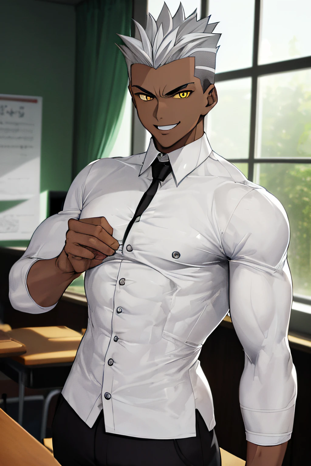 TAN SKIN, Teenage MAN, boy, (masterpiece, best quality), KujouCSA, break, 1boy, (Teenager), 15 years old, (((15 YEARS))) high school student, alone, tight-fitting long-sleeved shirt, (his prominent abs and pectorals stand out) elegant pants, ((Expensive clothes)), muscular chest, chiseled abs, body full of muscles, yellow eyes, dark silver hair, (((DARK SILVERHAIR))) (DARK SILVER HAIR) spiky hair, hair shaved on the sides, evil smile, fang, intimidating expression, dark skin, dark-skinned man, attractive, teenager, toned pecs, muscular arms, bull neck, smile, aesthetics, look at viewer, upper body photo, university classroom, rest, garden manor. (((short spiked hair))) (((short spiked hair))) (((15 YEARS))) (((15 YEARS))) (((15 YEARS)))